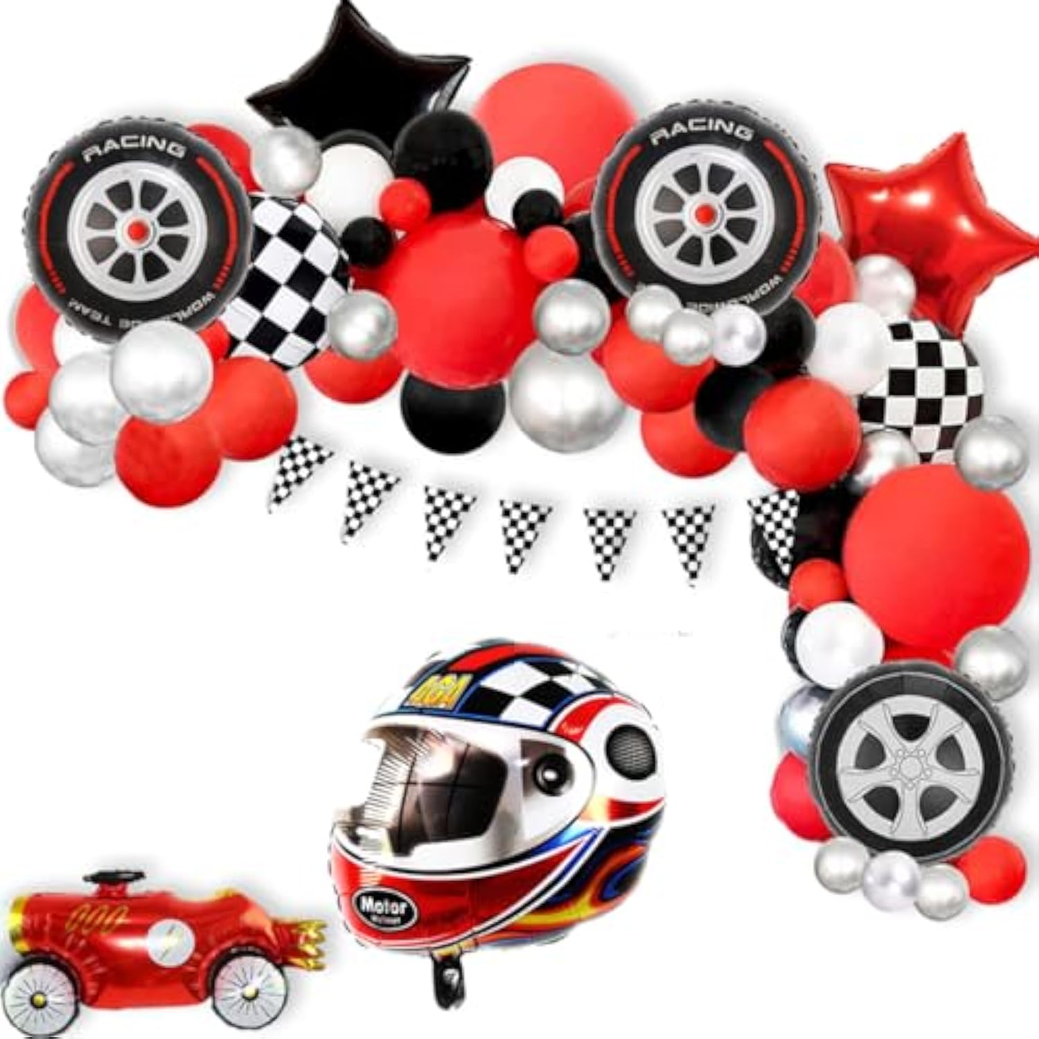 Race Car Helmet Balloons, Wheels Tire Birthday Party Supplies, Black And White Foil Checkered Balloons, Boys Bicycle Motorcycle Truck Theme Party Decorations 7 Pcs