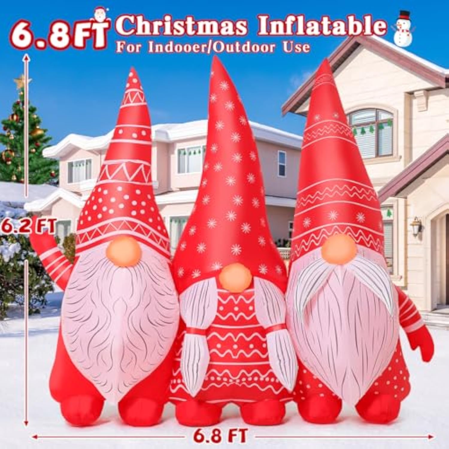 6.8 Ft Width Christmas Inflatable Gnomes Outdoor Decoration Blow Up Yard Three Xmas Midgets Holding Hands With Built-In
