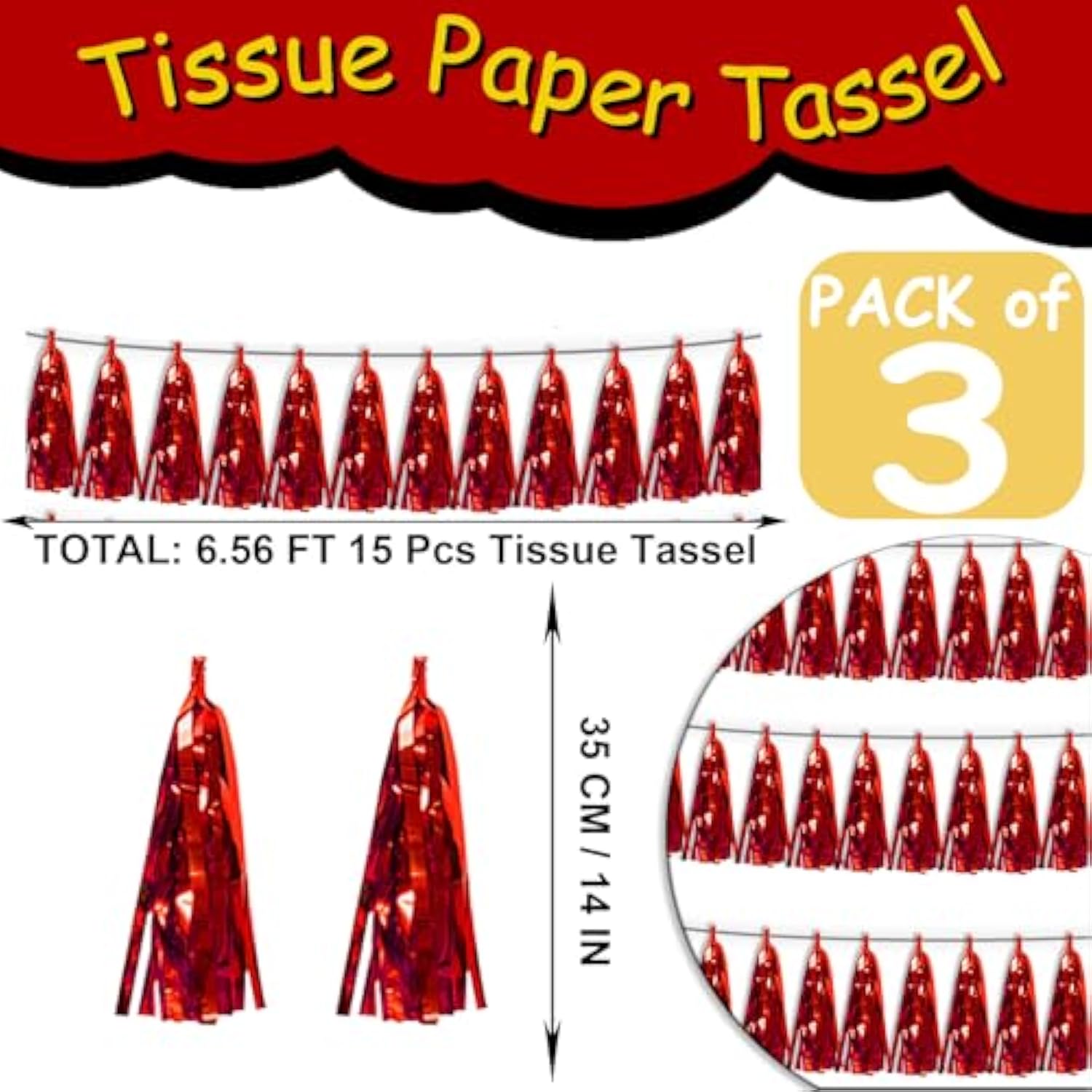 3P Red Tassel Banner Garland Metallic Foil Fringe Banner Tinsel Tassels Streamer Banner Backdrop For Parade Floats, 2025 Graduation Decorations, Wedding Party Decoration