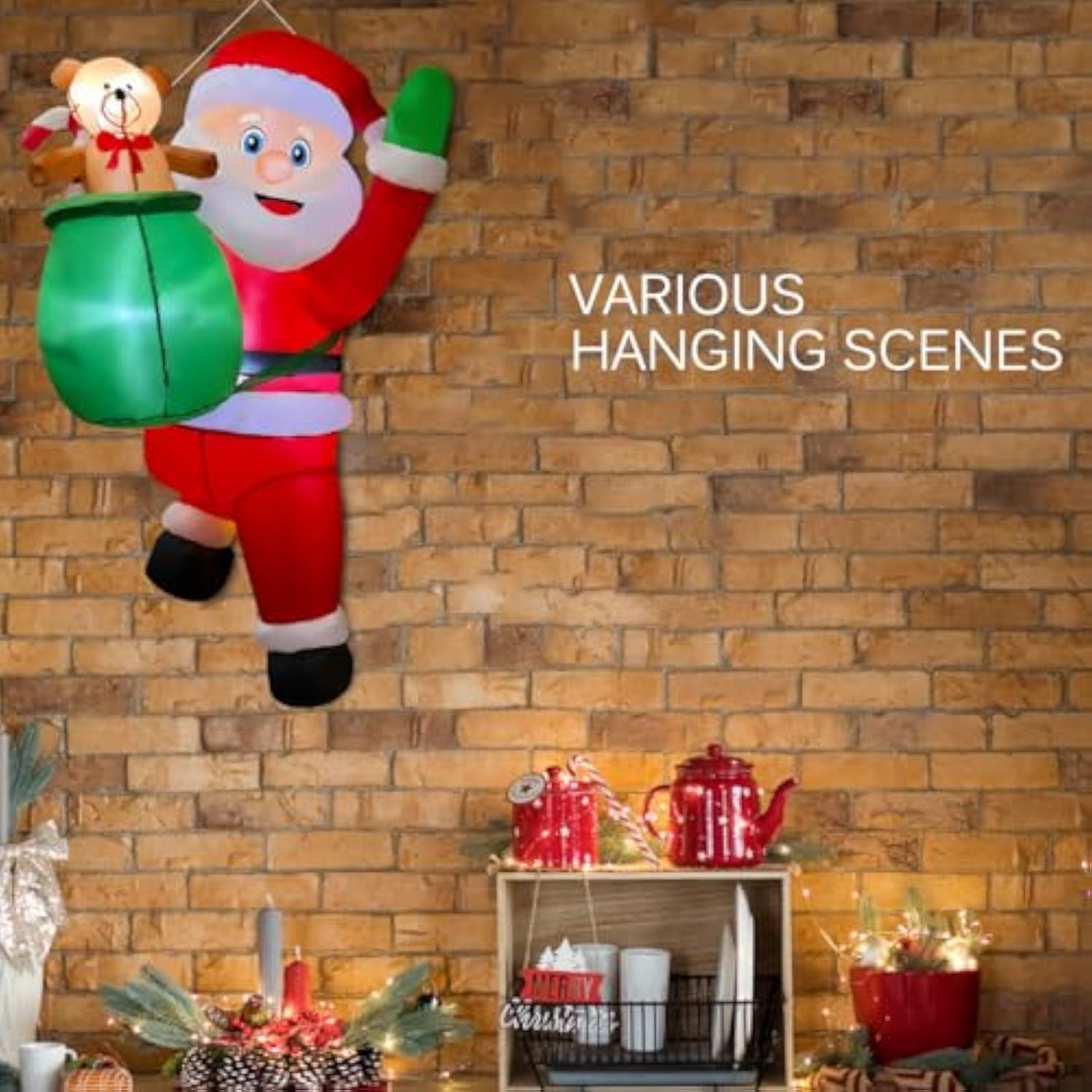 3.4Ft Christmas Inflatable Hanging Santa With Gift Bag Decorations, Blow Up Climbing Santa With Build-In Led For Xmas Pa