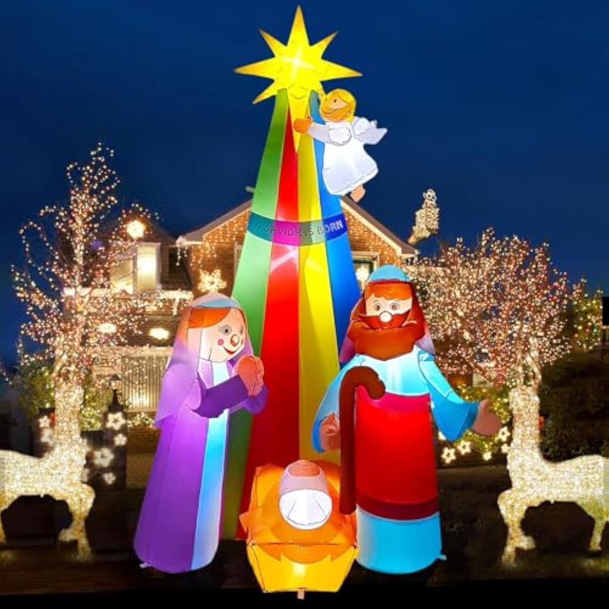 7Ft Christmas Inflatable Nativity Scene Decoration, Lighted Outdoor Nativity Scene With Star Of Bethlehem Blow Up Yard D