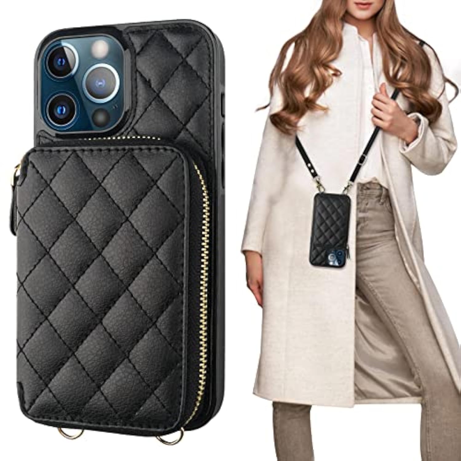 Crossbody Wallet Case For Iphone 13 Pro Max, Rfid Blocking Pu Leather Zipper Handbag Purse Flip Cover, Kickstand Folio Case With Card Slots Holder Wrist Strap Lanyard 5G 6.7 Inch (Black)