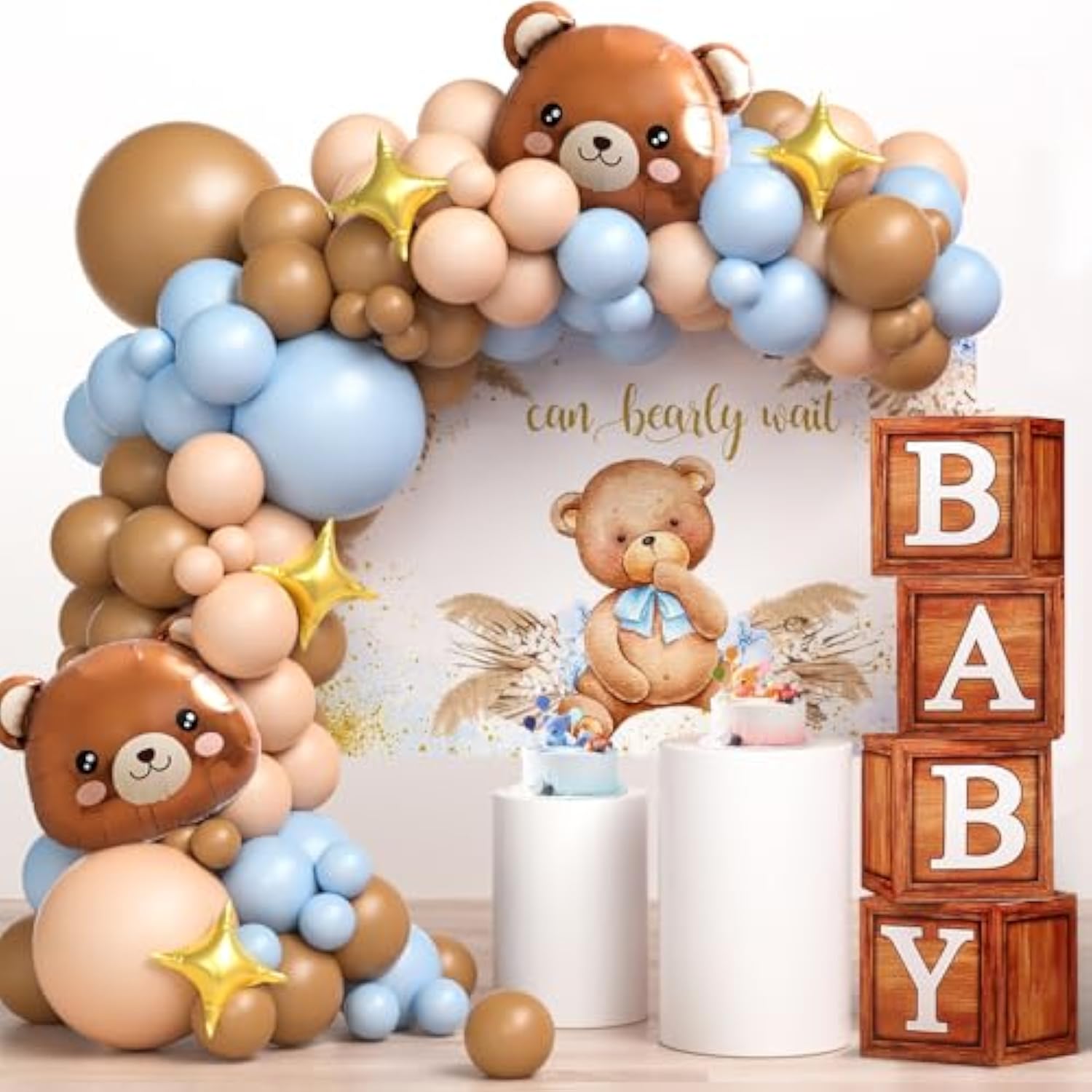 117pcs Teddy Bear Baby Shower Decor Blue Brown Balloon Garland & Backdrop Kit