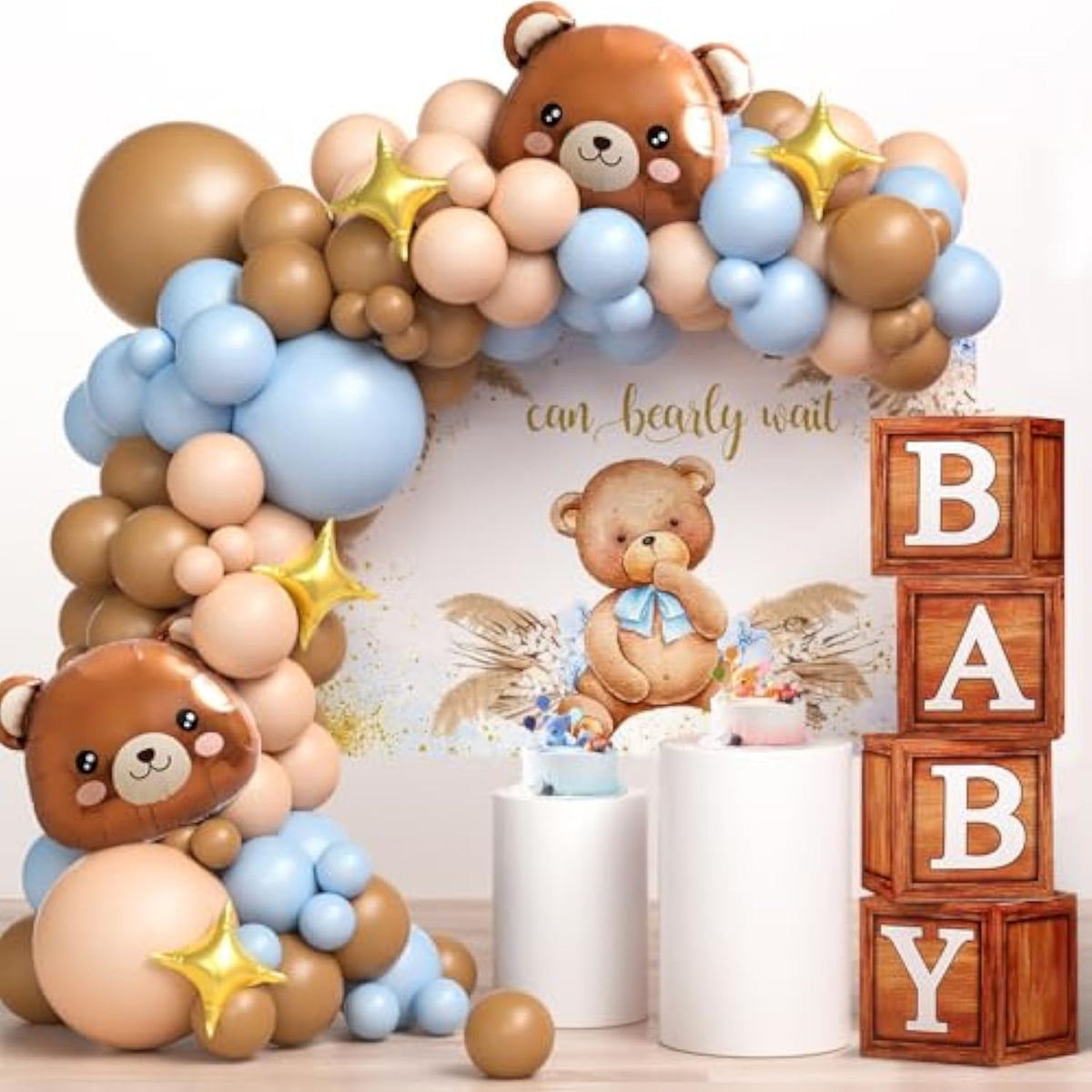 117pcs Teddy Bear Baby Shower Decor Blue Brown Balloon Garland & Backdrop Kit