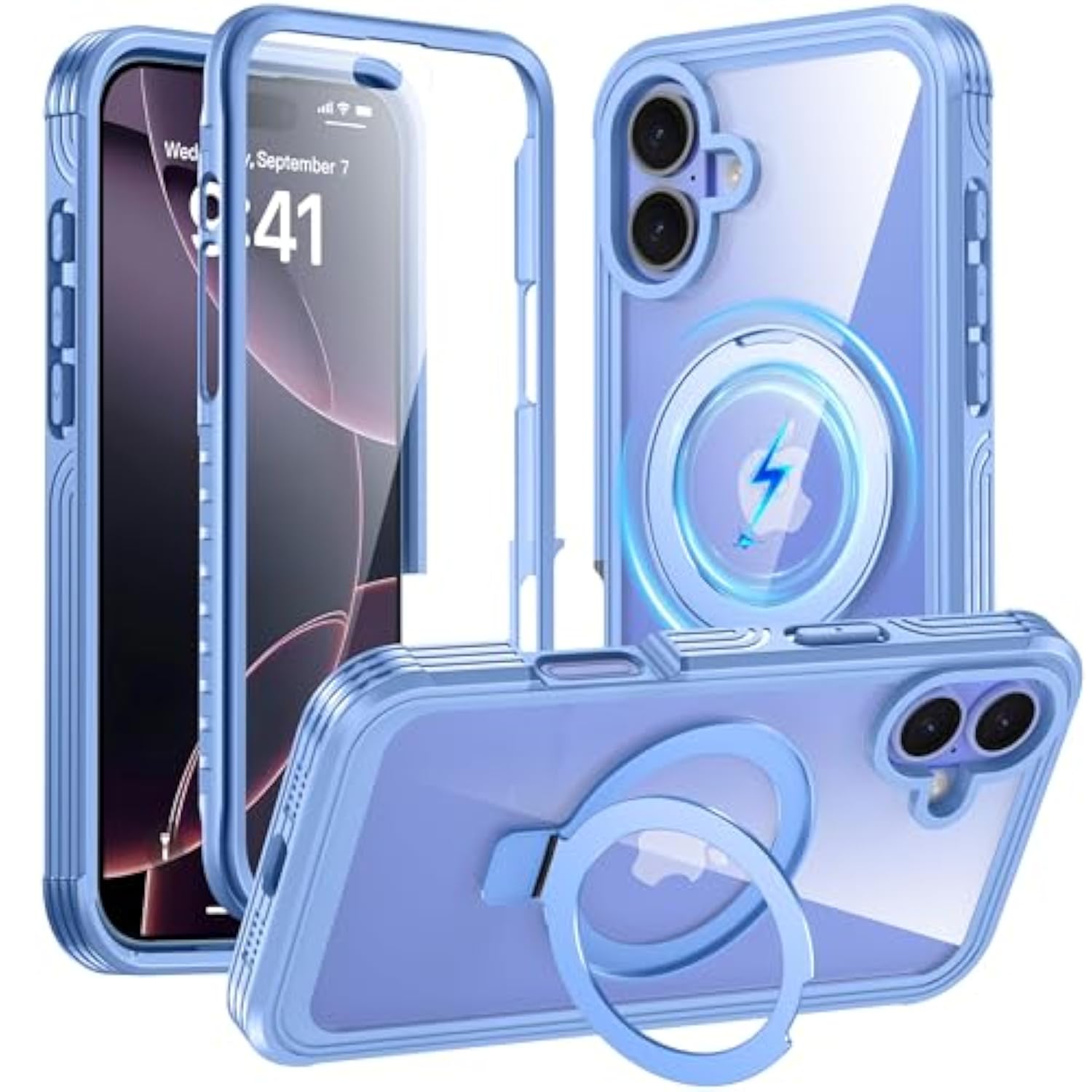 Magnetic Stand For Iphone 16 Plus Case [Fit For Magsafe] [Built-In 9H Tempered Glass Screen Protector] Full-Body Shockproof Military-Grade Protective Case Sky Blue