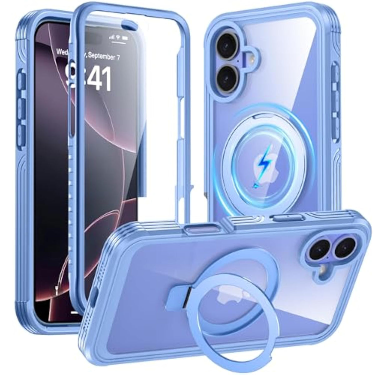 Magnetic Stand For Iphone 16 Plus Case [Fit For Magsafe] [Built-In 9H Tempered Glass Screen Protector] Full-Body Shockproof Military-Grade Protective Case Sky Blue