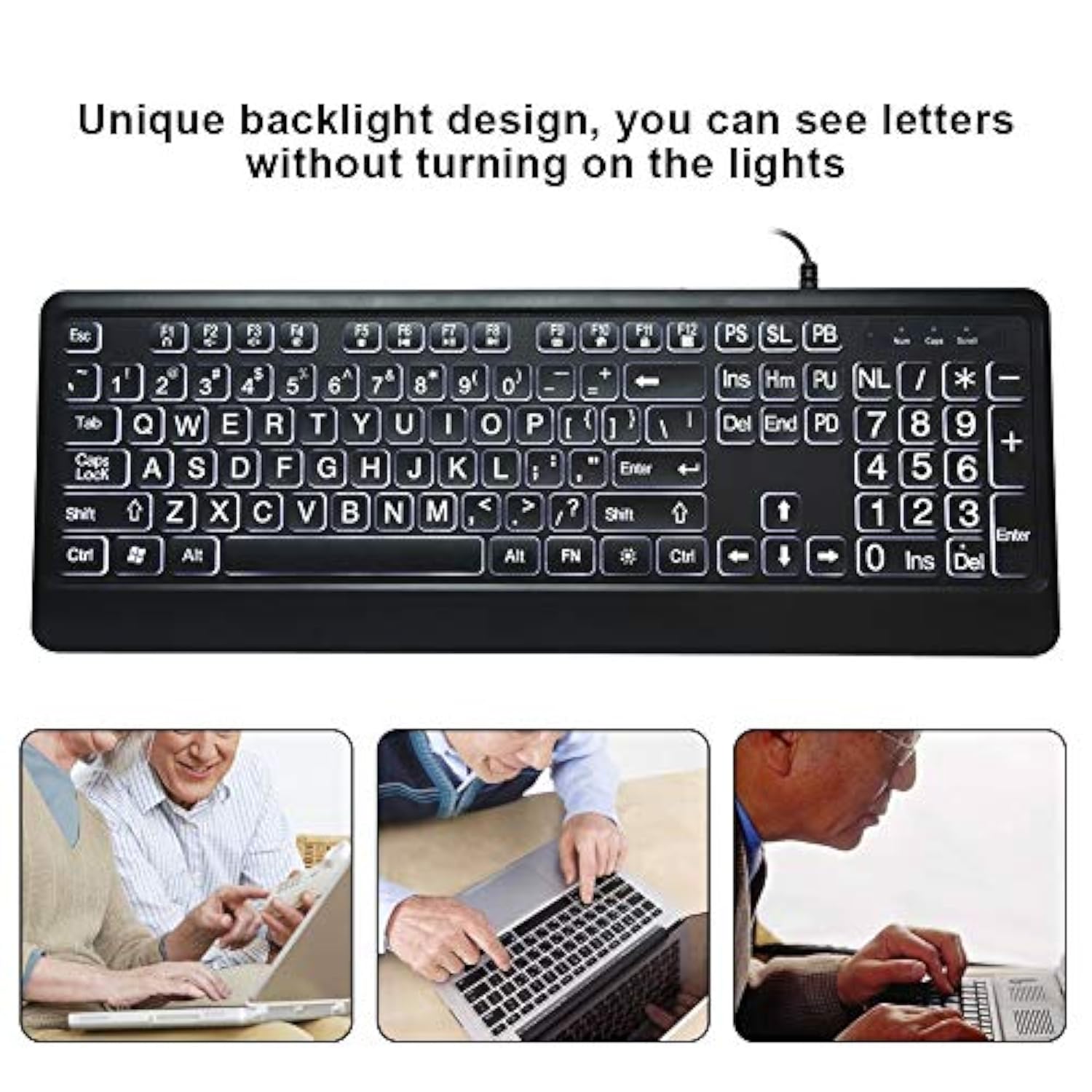 Large Font Keyboard,Large Font Usb White Led Backlit Keyboard 104 Keys Standar