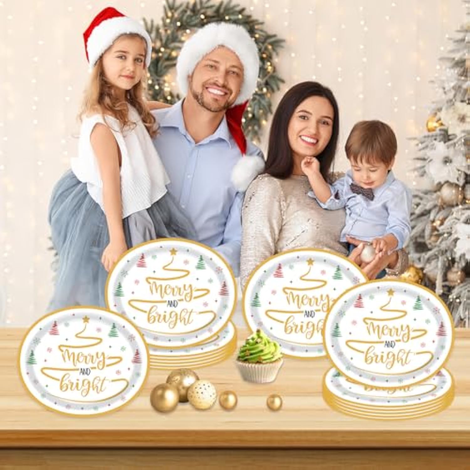 50 Pcs 10" X 12" Merry And Bright Disposable Paper Plates - Large Serving Dishes For Christmas, Xmas, Winter Holiday, Kitchen, Dinner Party Supplies