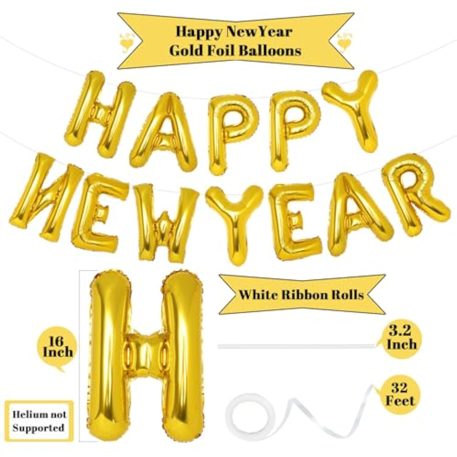 Gold Happy New Year Balloons 16in Banner Party Decorations 2024