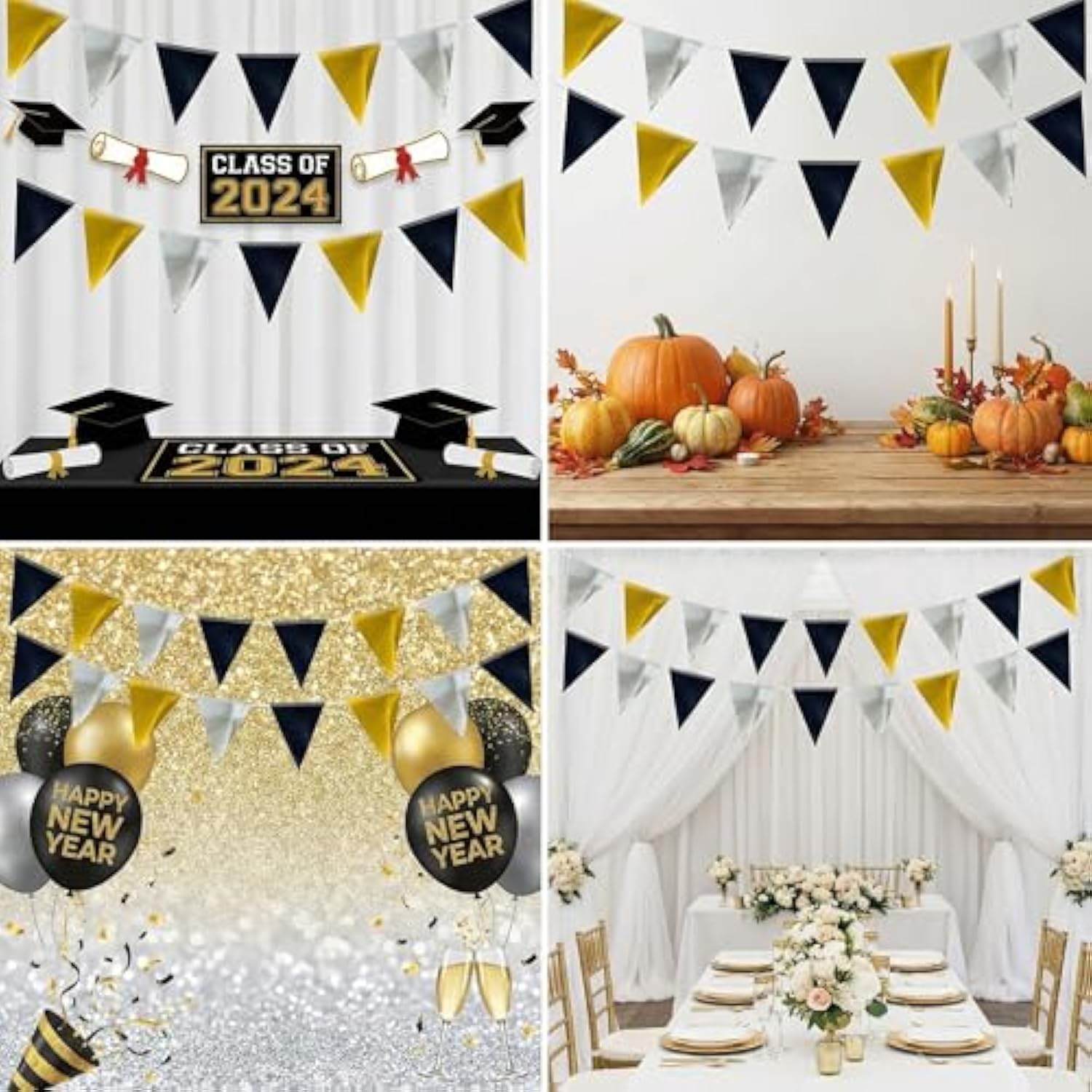 64Ft Black Gold Silver Triangle Pennant Banner Flag Metallic Paper Bunting Garland For Hanging Backdrop Birthday Party Decorations Graduation Bachelorette Bridal Wedding New Year Party Supplies