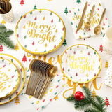 195 Pcs Christmas Party Supplies Disposable Tableware Set Christmas Plates Tablecloth Banner Napkins Cups Forks Knife Spoons Xmas Dinnerware For 24 Guests Holiday Decorations(Merry Bright)
