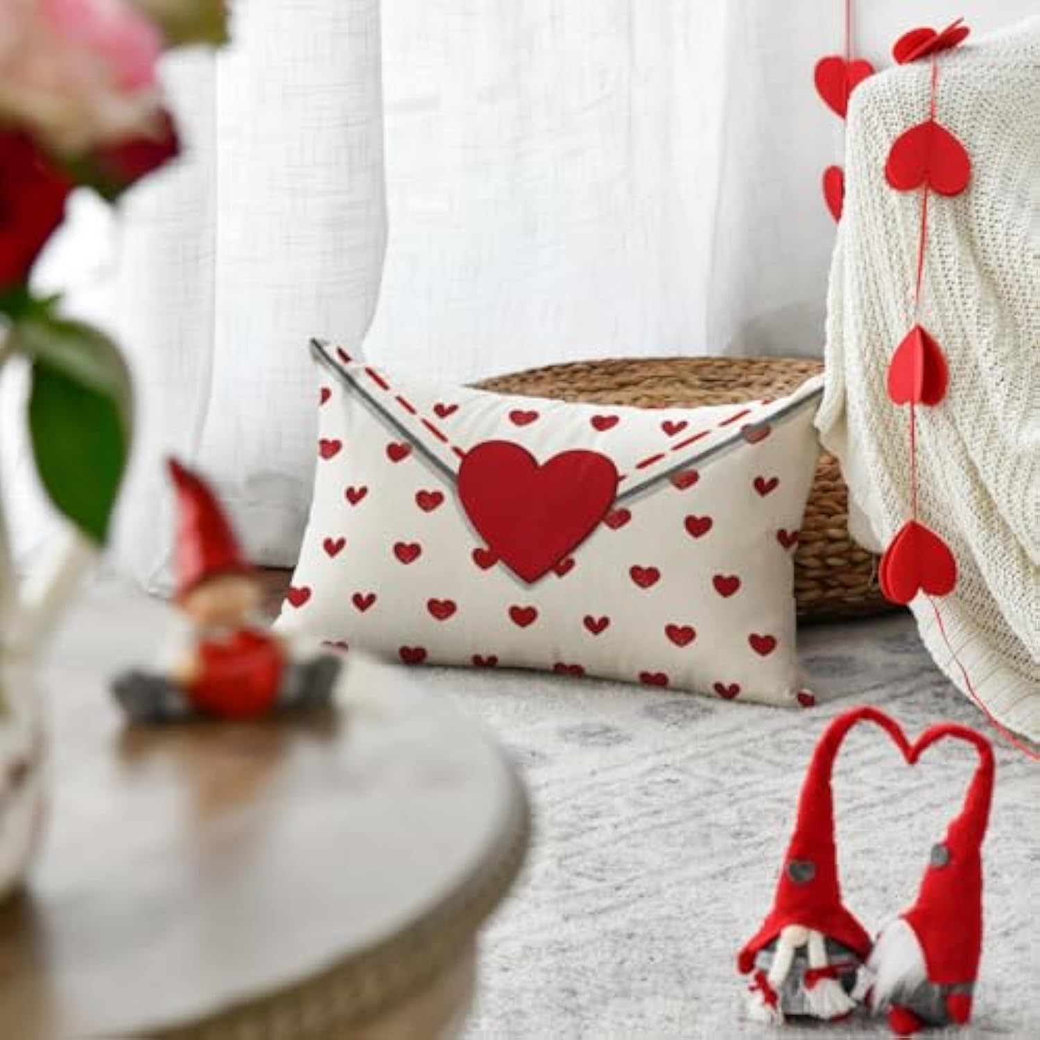 Valentine'S Day Envelope Throw Pillow Cover, 12 X 20 Inch Red Heart White Anniversary Wedding Cushion Case Decoration For Sofa Couch