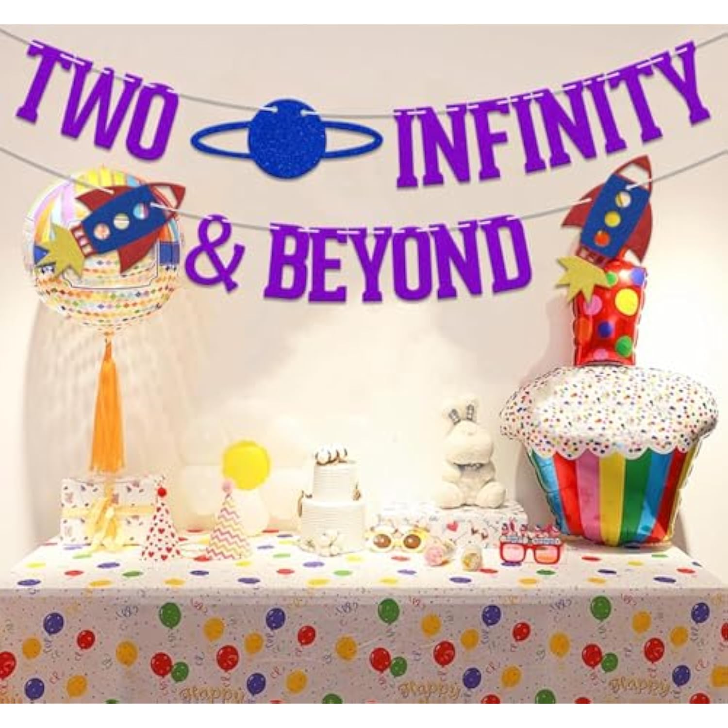 Two Infinity And Beyond Banner, Space Themed 2Nd Birthday Decorations, You'Ve Got A Friend In Me Banner, Light Year Toy Inspired Story 2 Years Old Party Supplies Purple Blue Glitter