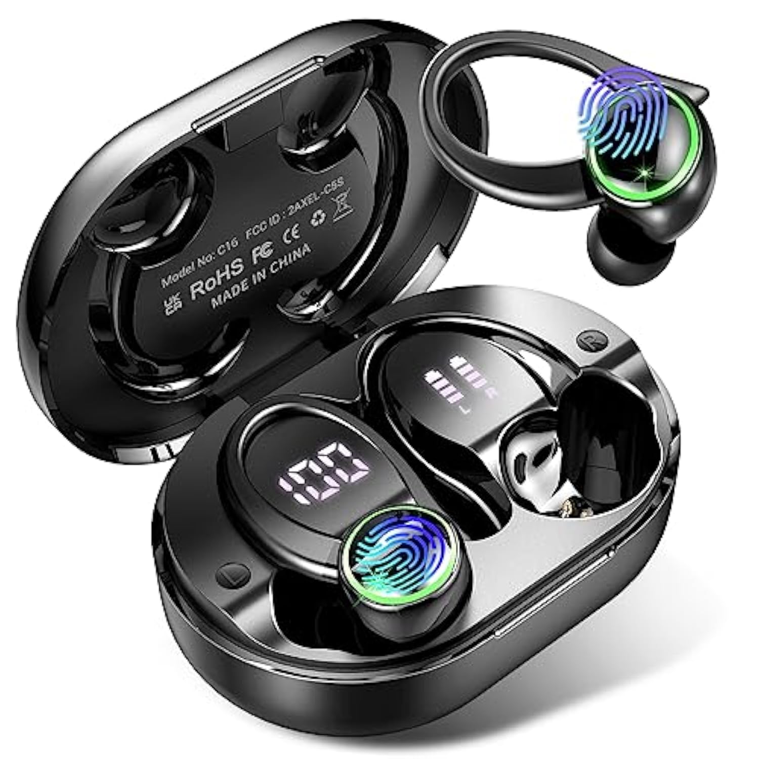 Wireless Earbuds, Bluetooth 5.3 Headphones With Noise Cancelling Mic, Bass Stereo Bluetooth Earphones 50Hrs With Led Display, Ip7 Waterproof Earbuds With Earhooks, Ear Buds For Sports/Workout/Running