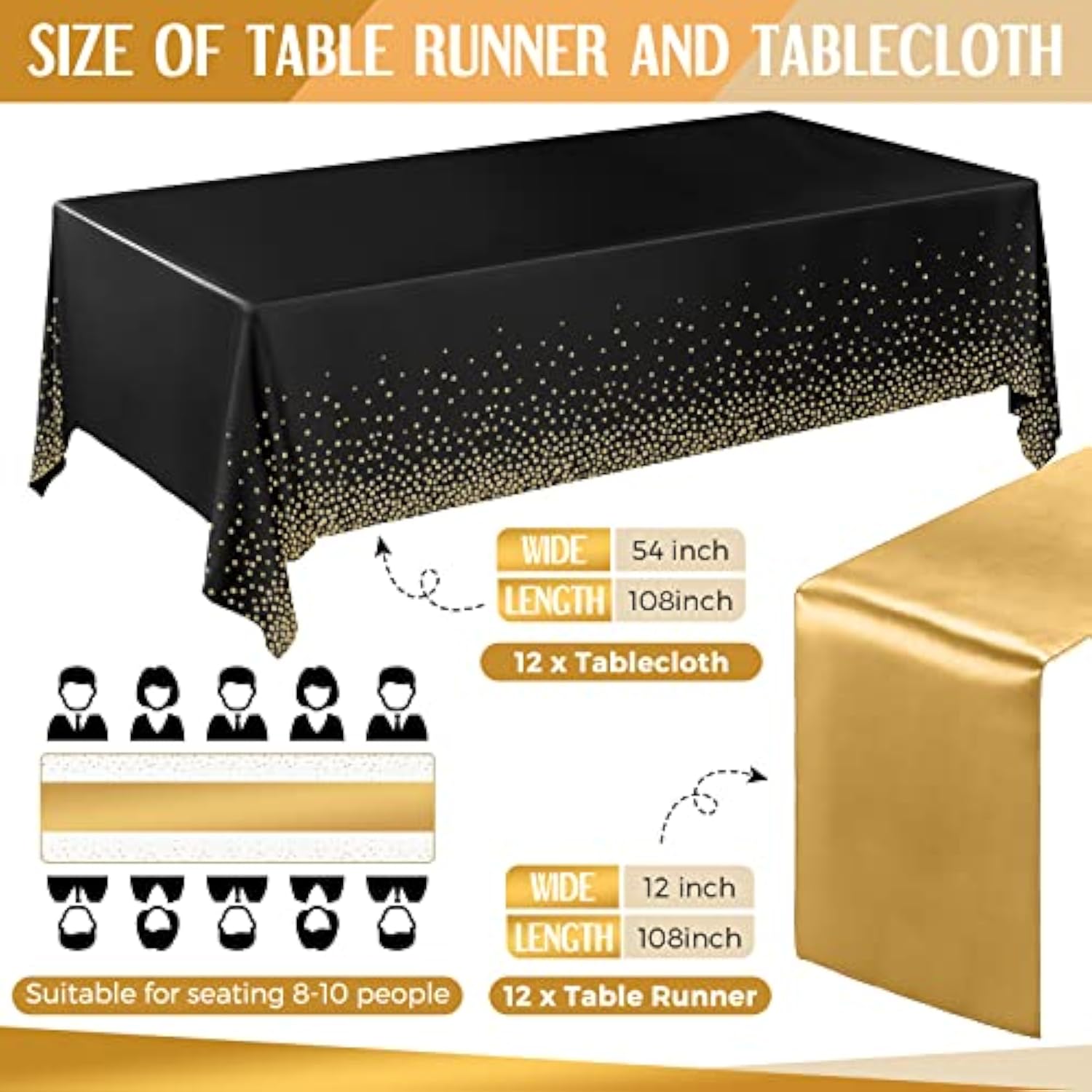 24 Pack Black Gold Disposable Tablecloths with Satin Runners 54x108in