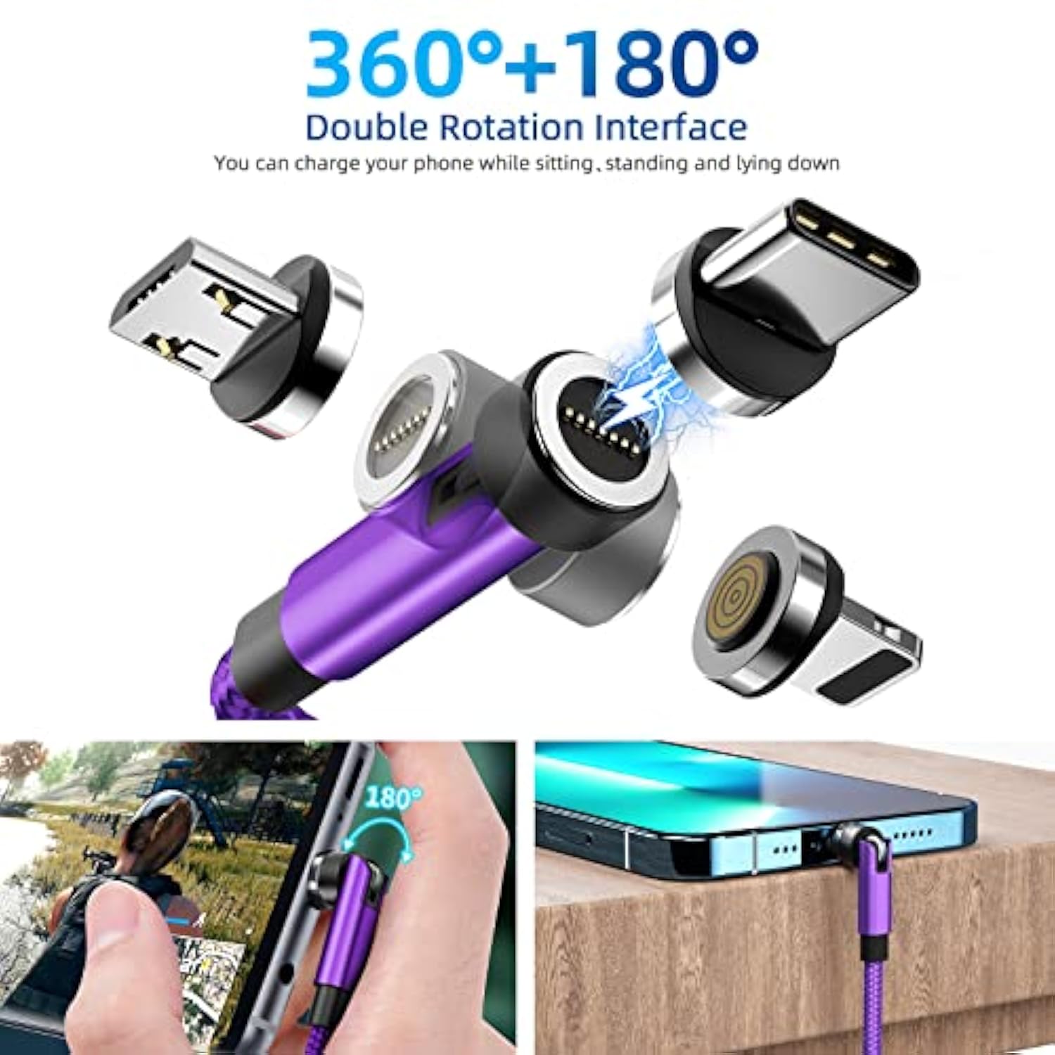 540° Rotation Magnetic Charging Cable 3 In 1 Magnetic Phone Charger [4-Pack, 3Ft/3Ft/6Ft/10Ft] 3A Fast Charging Cable & Data Transfer Usb Magnet Charger Cable For I-P/Micro Usb/Type C Device-Purple