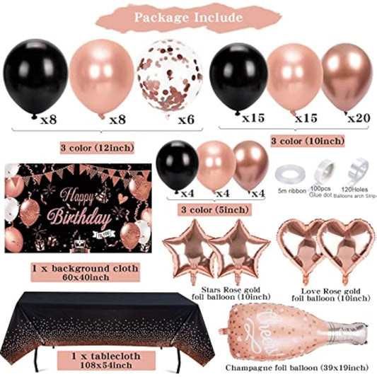 Rose Gold And Black Birthday Party Decorations For Women, Rose Gold Black Balloons Garland Arch Kit & Backdrop Tablecloth Champagne Star Heart Foil Balloon, Adult Rose Gold Birthday Decoration