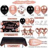 Rose Gold And Black Birthday Party Decorations For Women, Rose Gold Black Balloons Garland Arch Kit & Backdrop Tablecloth Champagne Star Heart Foil Balloon, Adult Rose Gold Birthday Decoration