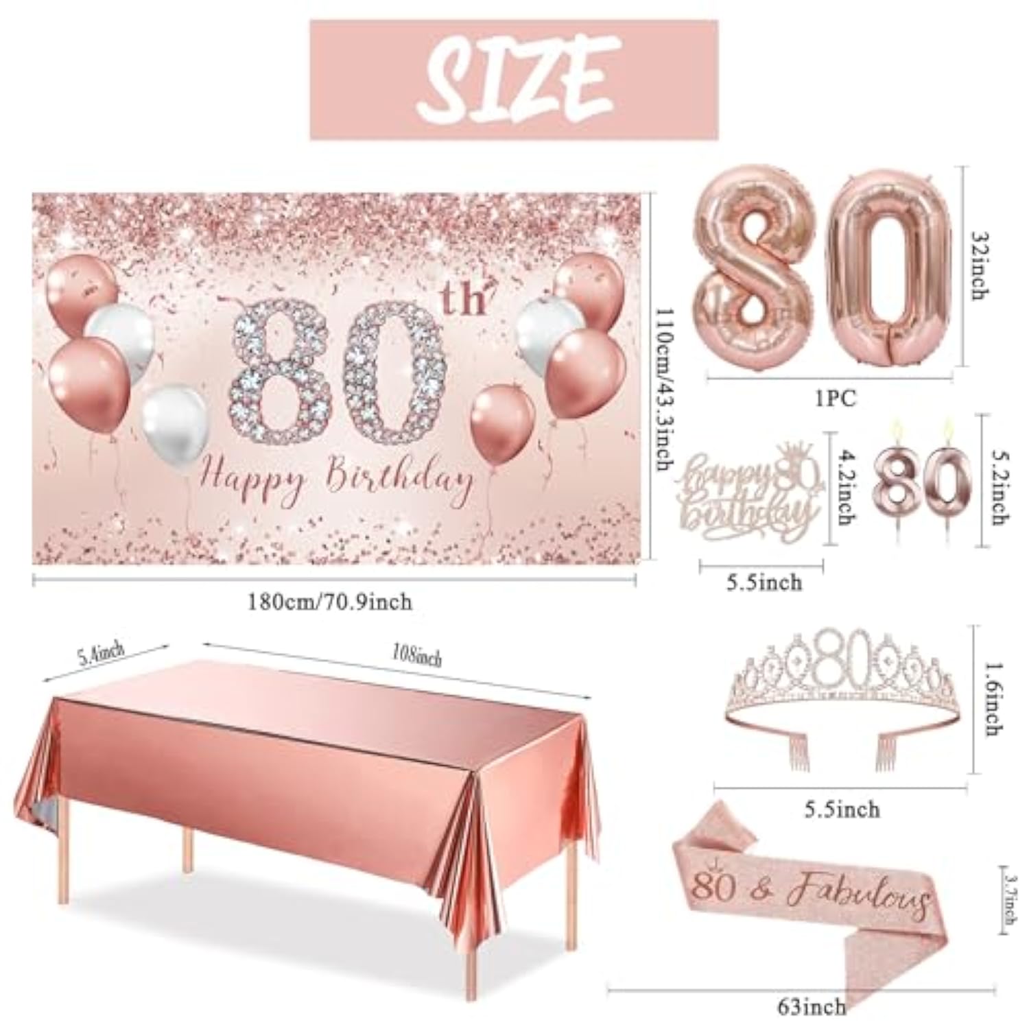 80Th Birthday Decorations Party Set For Women, Rose Gold 80 Birthday Banner And Tablecloth, 80 & Fabulous Sash And Tiara, 1Pc Happy 80Th Birthday Cake Topper, Pink Gold 80 Number Balloons