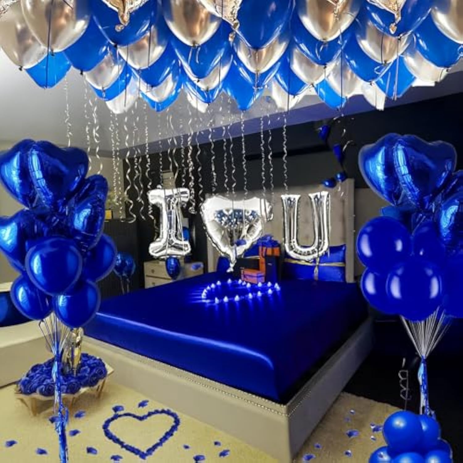 I Love You For Him/Her Balloons 56Pcs Royal Blue And Sliver Balloon Kit Include 18 Inch Heart Shaped Balloons And 500 Blue Artificial Rose Petals Romantic Decoration Kit For Valentines Party