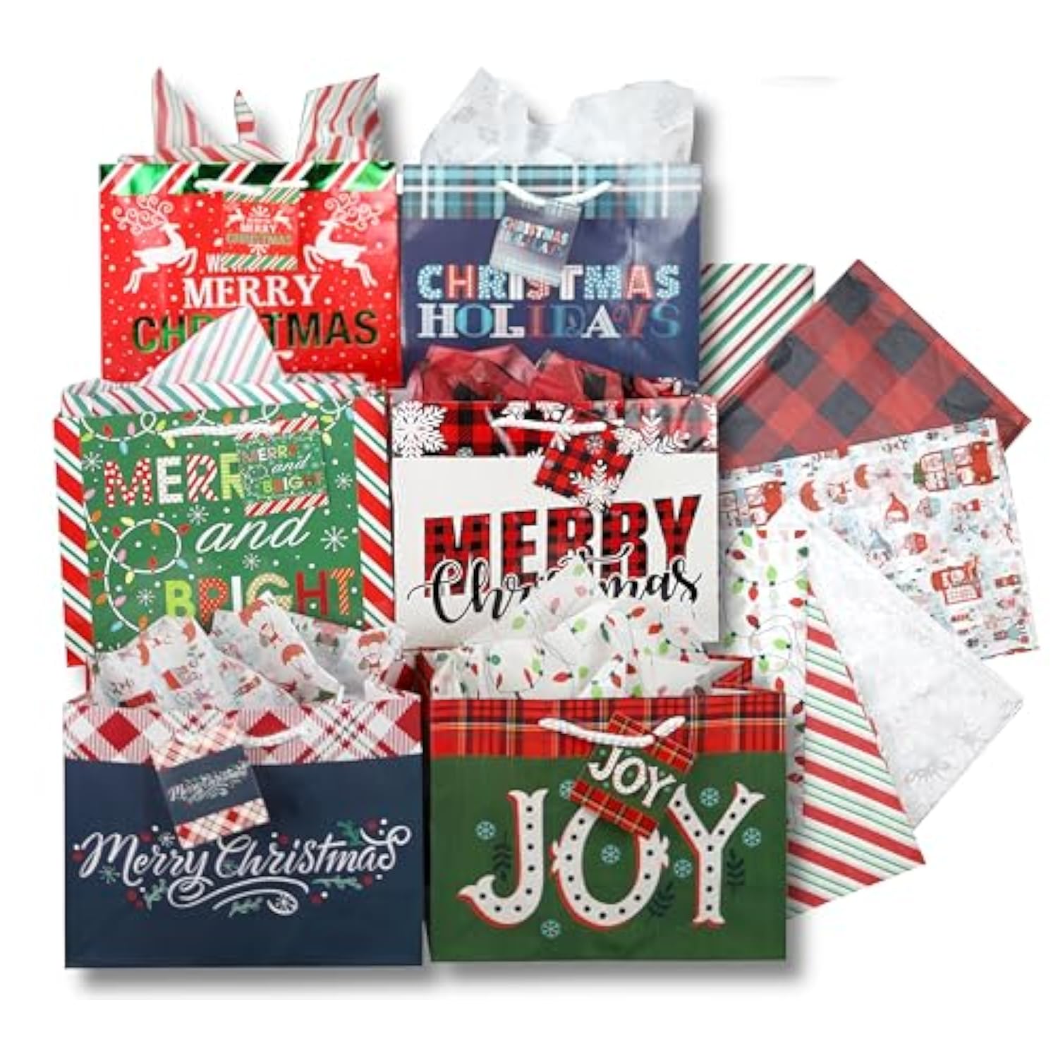Medium Gift Bags With Tissue Paper For Christmas 24-Pack Fun Bright Designs Merry Christmas, Joy, Holidays