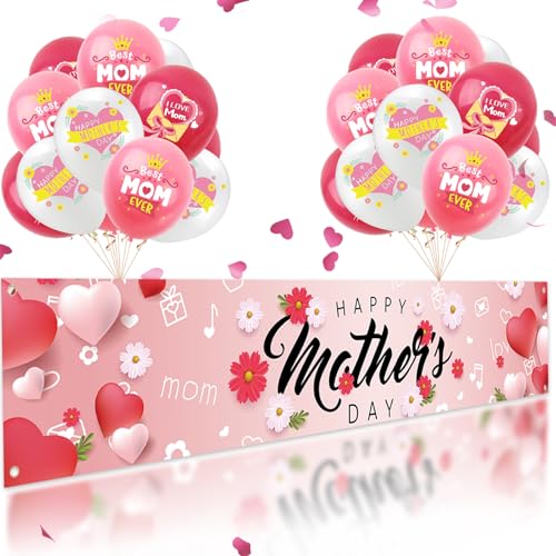 Happy Mother's Day Banner Decorations Set Large Mothers Day Banner with 18Pcs Best Mom Ever Balloons for Mothers Days Indoor Outdoor Welcome Home Yard Fence Sign Party Supplies Decorations