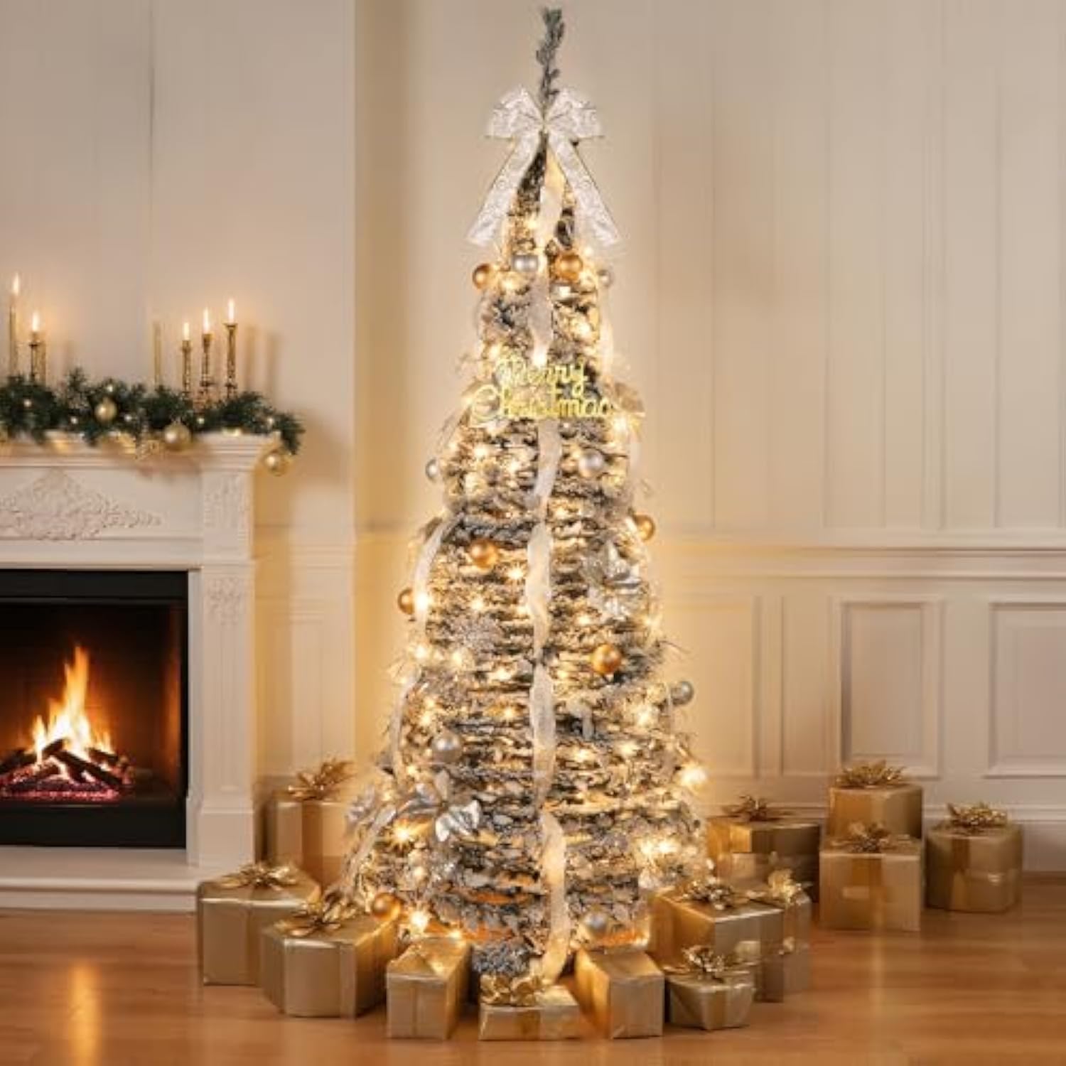 6 Ft Flocked Pop Up Christmas Tree,Prelit 200 Led Lights,Opens Instantly,Fully Decorated 80 Ornaments,8 Mode Warm White Light & Timer,Foldable Xmas Tree Fire-Resistant Collapsible Outdoor Indoor Decor
