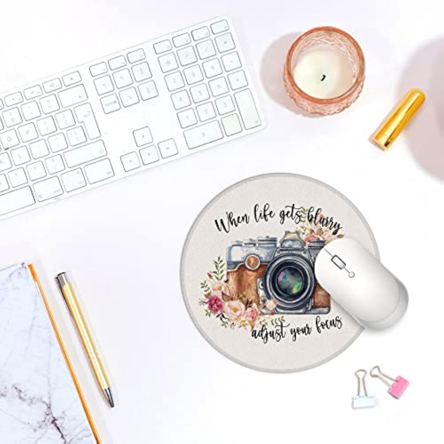 When Life Gets Blurry Adjust Your Focus Floral Camera Small Mouse Pad 7.9X7.9 Inches,Washable Round Cloth Mousepad For Office Laptop Computer,Non-Slip Rubber Base Mouse Pads For Wireless Mouse