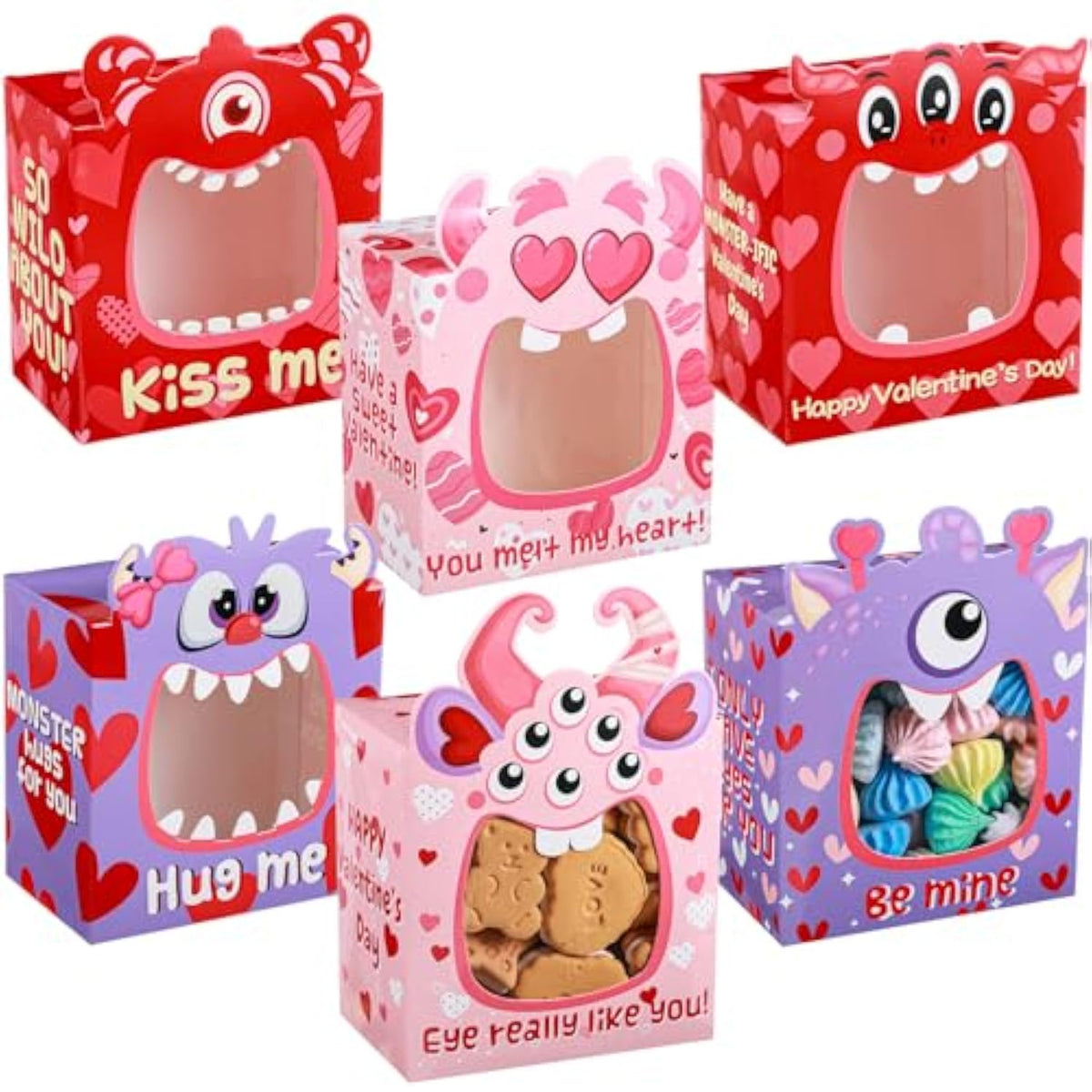 48 Pcs Valentine‘S Day Bakery Treat Boxes With Pvc Window Monster Valentines Cookie Cupcake Boxes For Wedding Sweet Day School Classroom Prize Party Favors Supplies