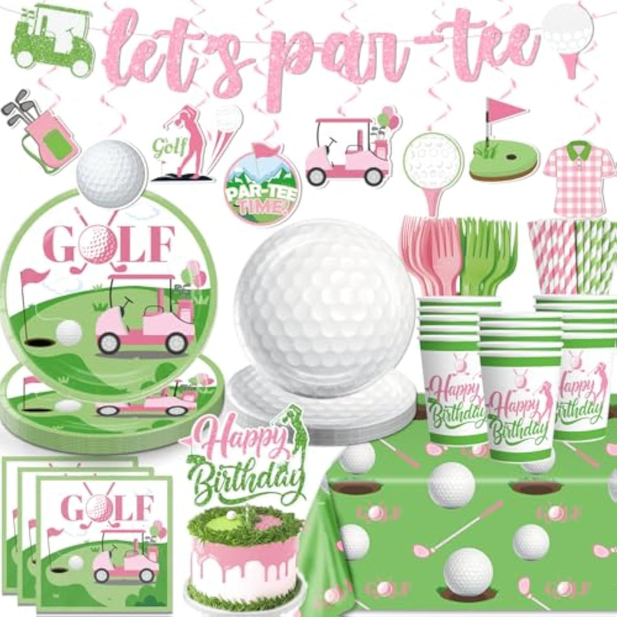 140 Pcs Golf Birthday Decorations Pink Tableware Set, Golf Party Supplies With Banner, Cake Topper, Plates And Napkins, For Golf Themed Birthday Girl/ Women, Service 20 Guests