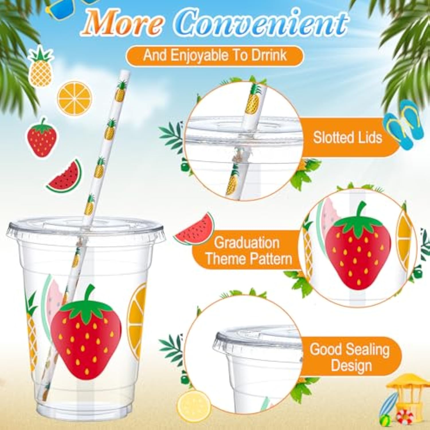 300 Pcs Fruit Disposable Plastic Cups With Lids And Straws 12Oz Summer Party Favors Cups Fruit Disposable Clear Cups Summer Fruit Theme Party Supplies Favors