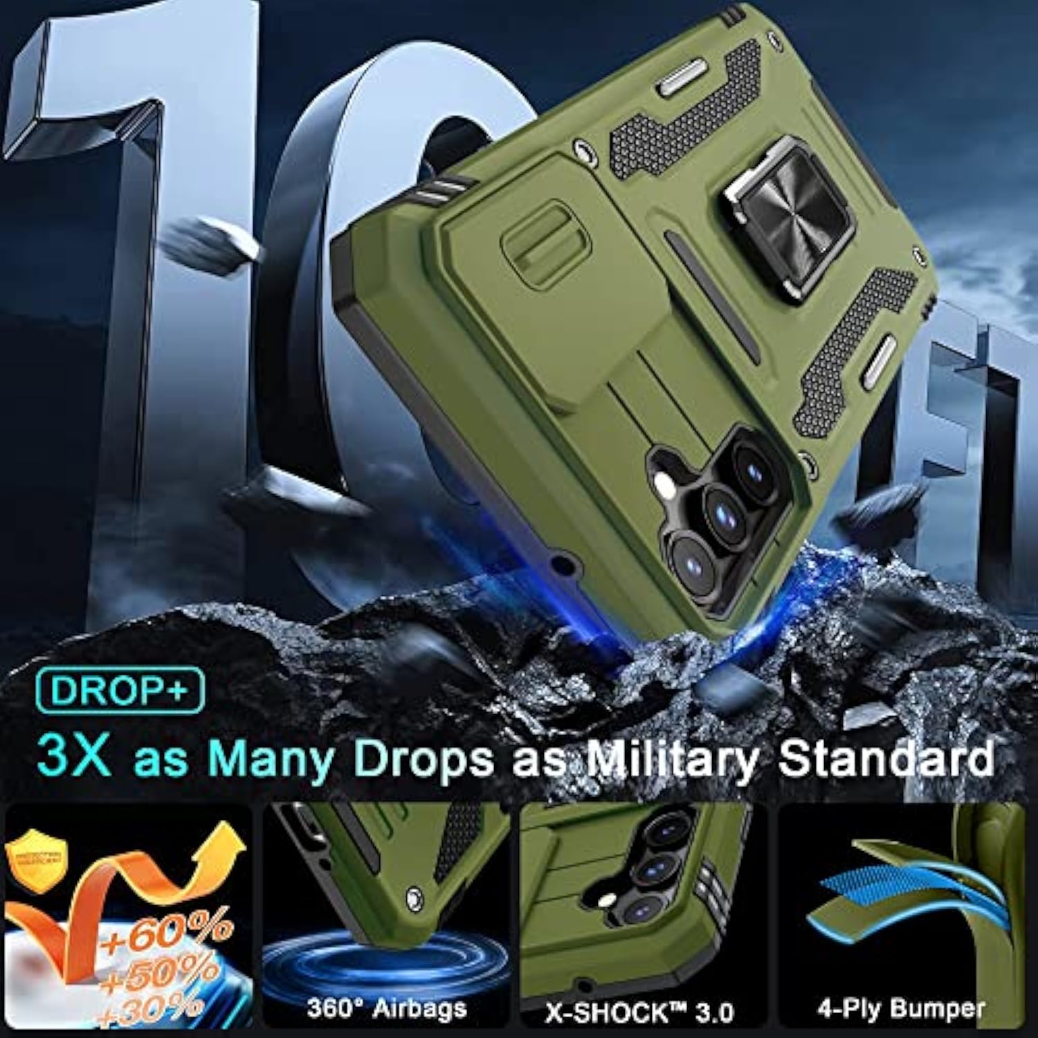 Case For Samsung Galaxy A54 5G With Slide Camera Cover+Screen Protector(1 Pack),Rotated Ring Kickstand Military Grade Shockproof Protective Cover-Olive Green