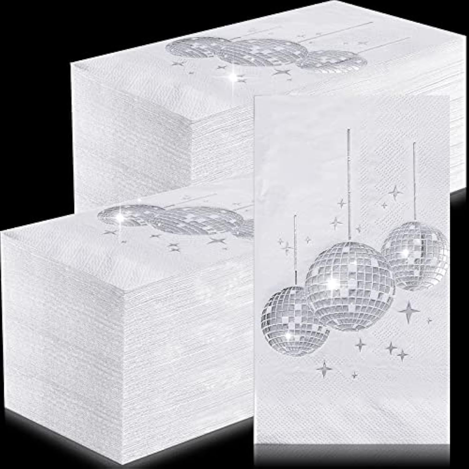 100 Pcs Disco Party Cocktail Napkins With Silver Foil Guest Towel Paper Disposable 70S 80S 90S Party Supplies Cocktail Napkins For Wedding Birthday Graduation 2 Ply 4 X 8 In(White Background)