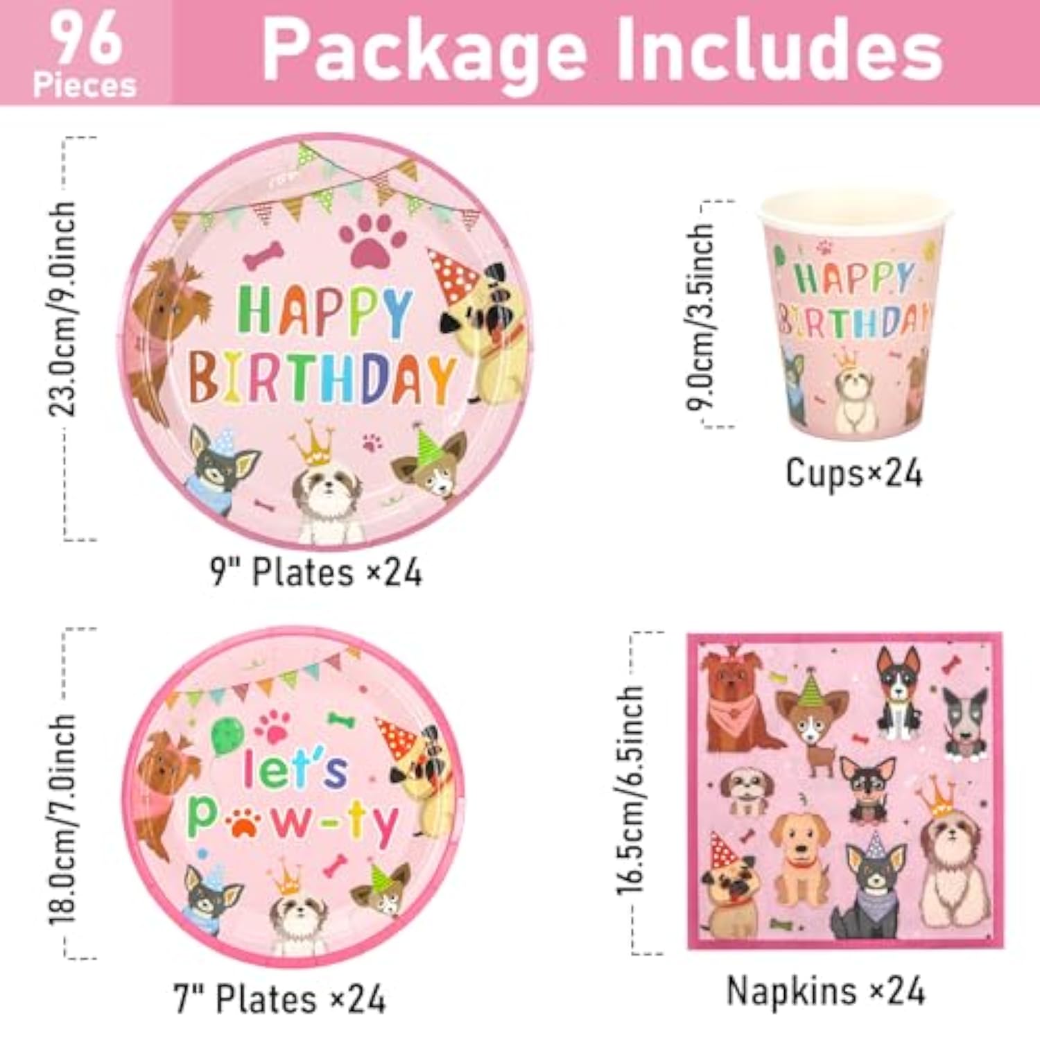 96 Pcs Party Plates And Cups And Napkins Sets,Pink Dog Theme Happy Birthday Paper Plates And Napkins Party Supplies For Birthday, Disposable Tableware Sets Serve For 24 Guests, Puppy