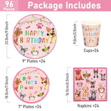 96 Pcs Party Plates And Cups And Napkins Sets,Pink Dog Theme Happy Birthday Paper Plates And Napkins Party Supplies For Birthday, Disposable Tableware Sets Serve For 24 Guests, Puppy