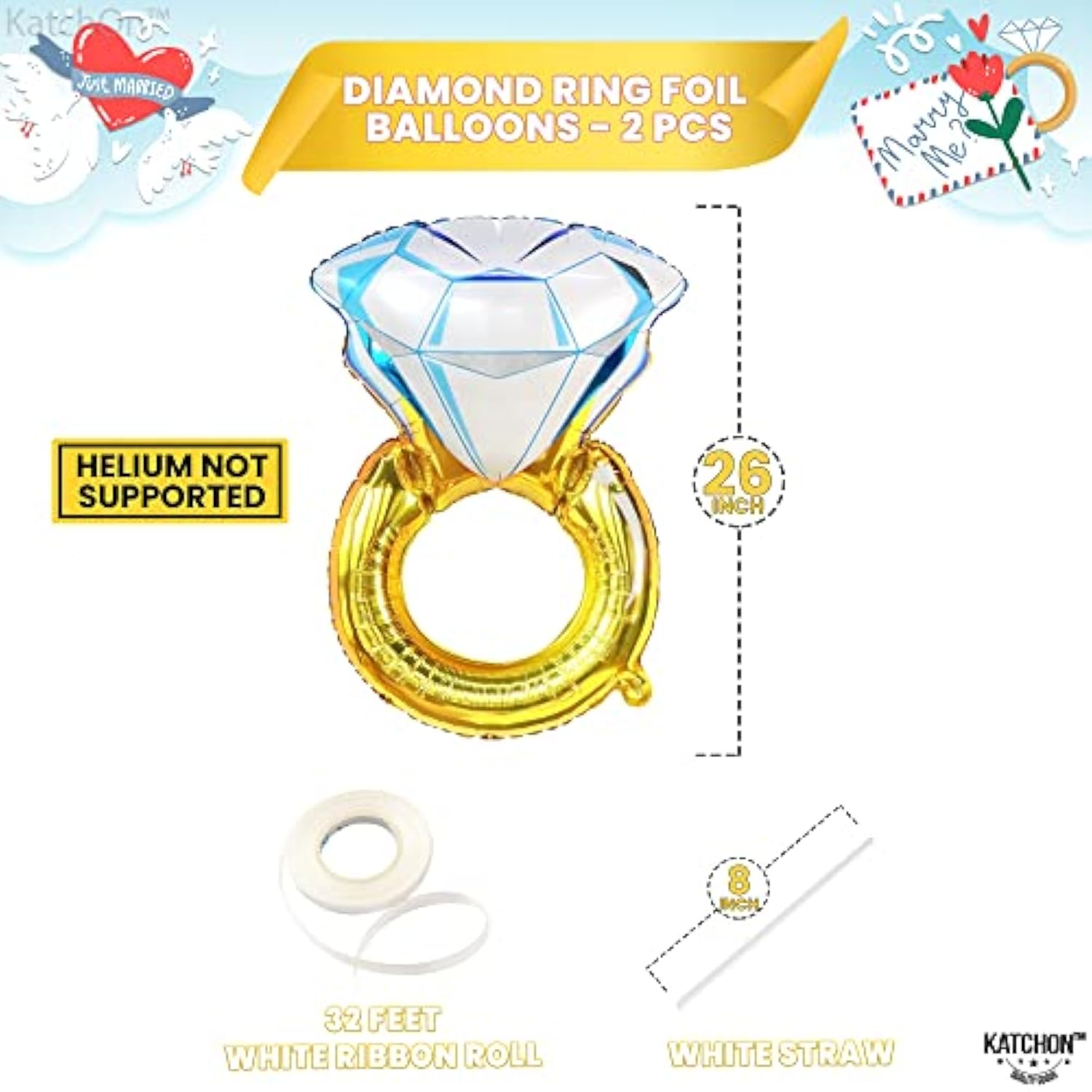 Huge Diamond Ring Balloons - 26 Inch, 2 Pieces | Wedding Ring Balloon For Bridal Shower Decorations | Bachelorette Party Decorations | Diamond Balloons For Engagement Party Decorations