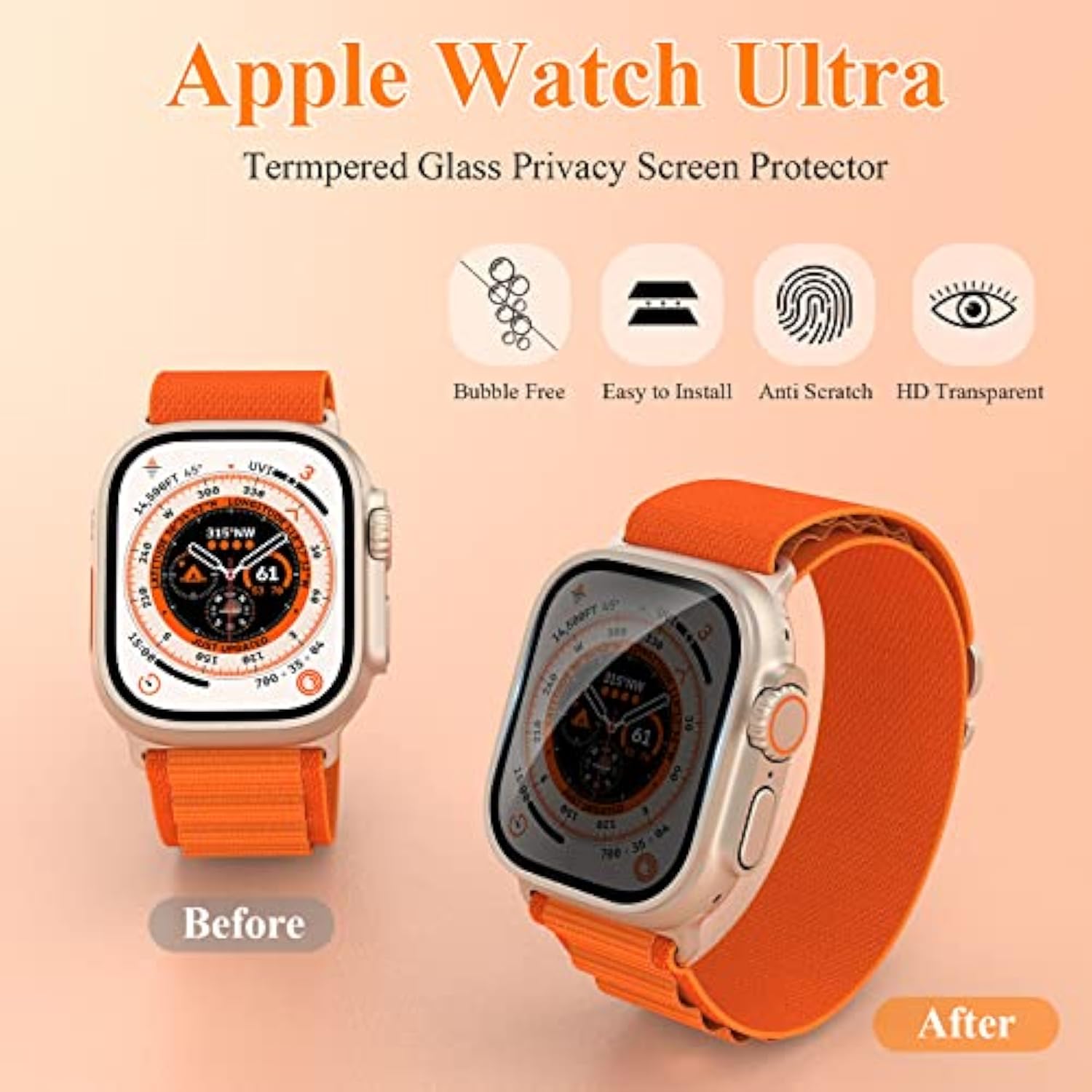 [ 3 Pack Privacy Screen Protector Compatible For Watch Ultra 2 / Ultra 49Mm, Tempered Glass Anti-Spy Waterproof Anti-Scratch Bubble-Free Film For Iwatch Ultra Accessories
