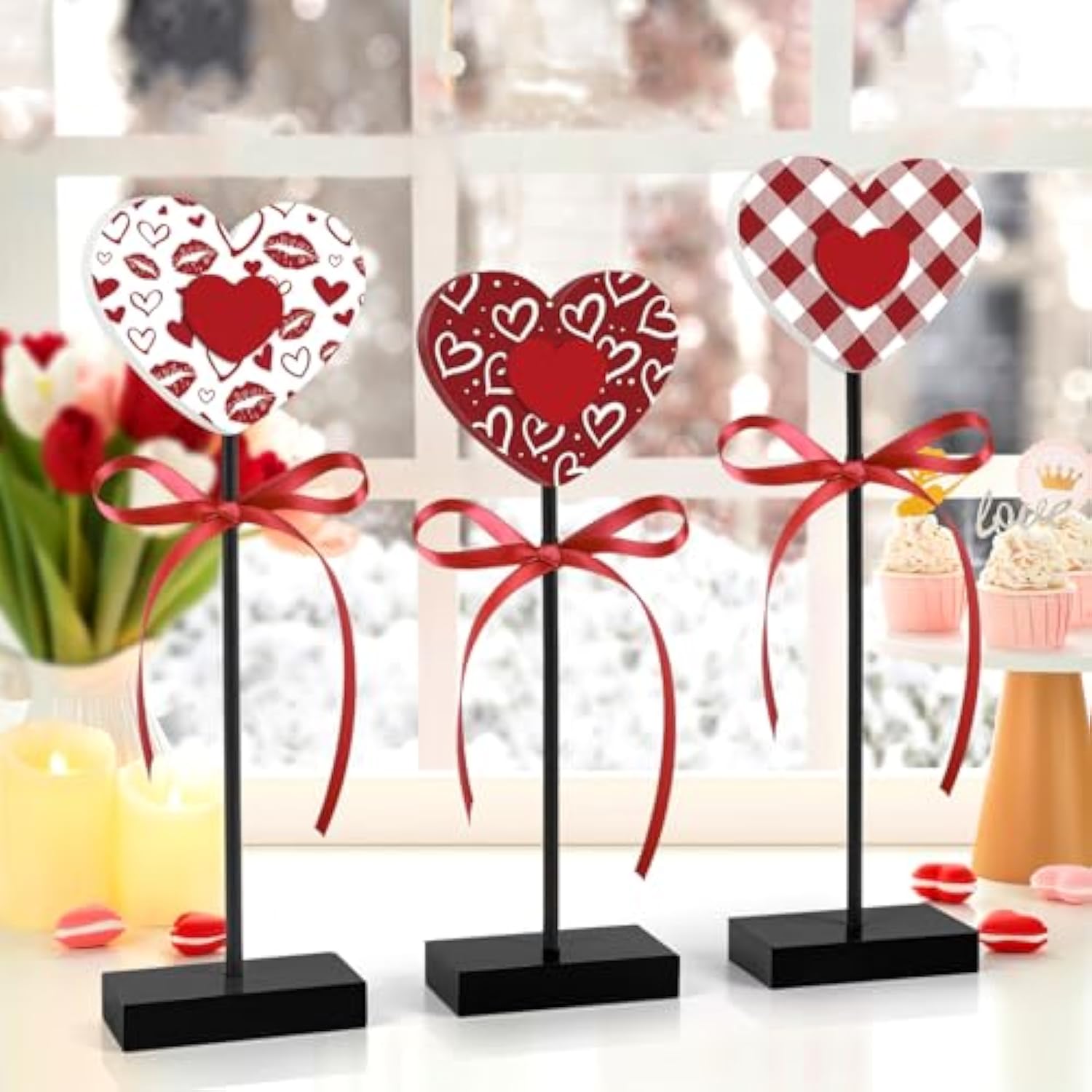 3 Pieces Valentine'S Day Table Decorations Wooden Heart Set,Rustic Valentine'S Day Tiered Tray Decor For Home Tables (Classic)