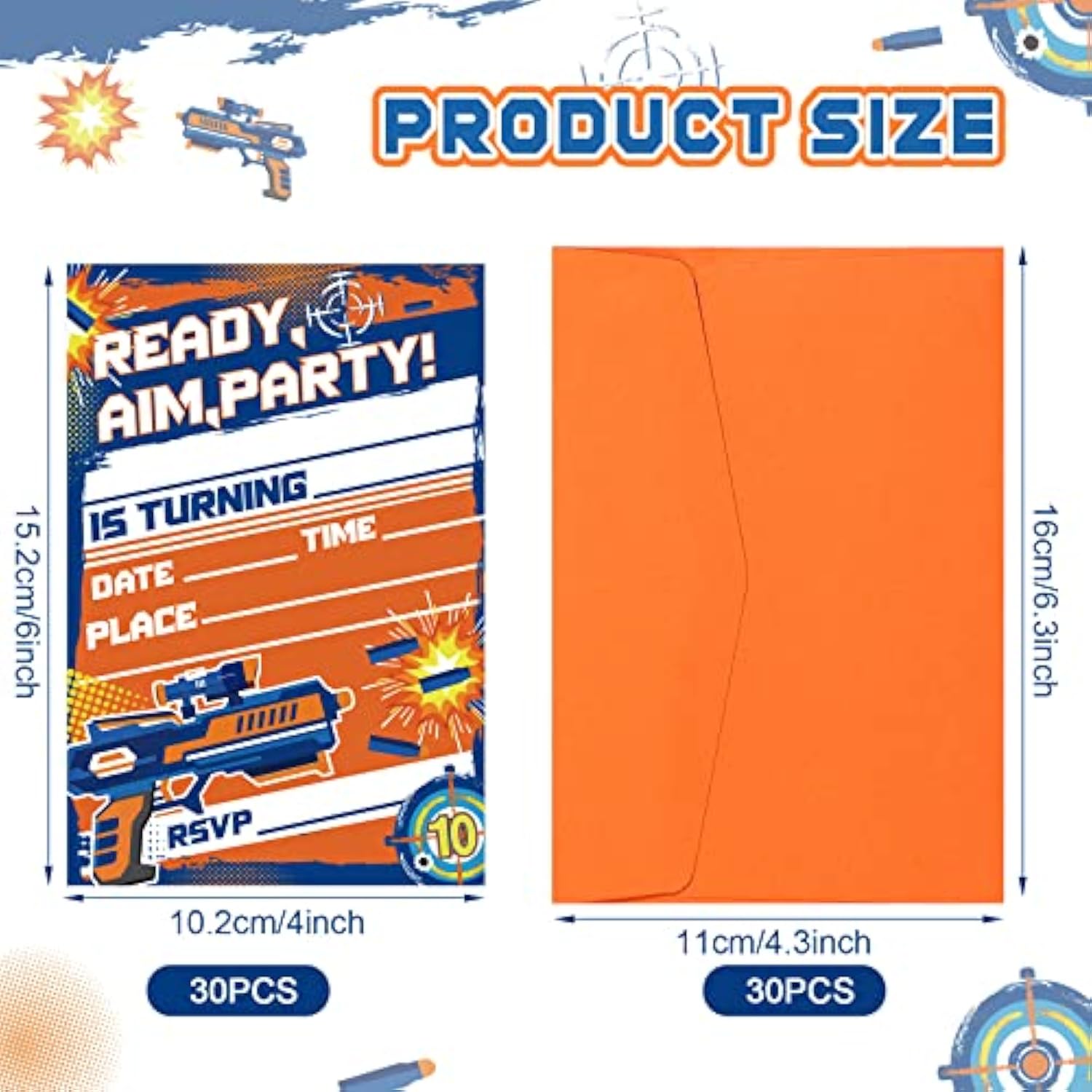 Msnor 30 Packs Dart War Invitations Birthday Party Supplies Blaster Nerf Gun Battle Theme Party Invitations With 30 Orange Envelopes For Boy Kids Dart War Nerf Party Decorations Supplies Favor