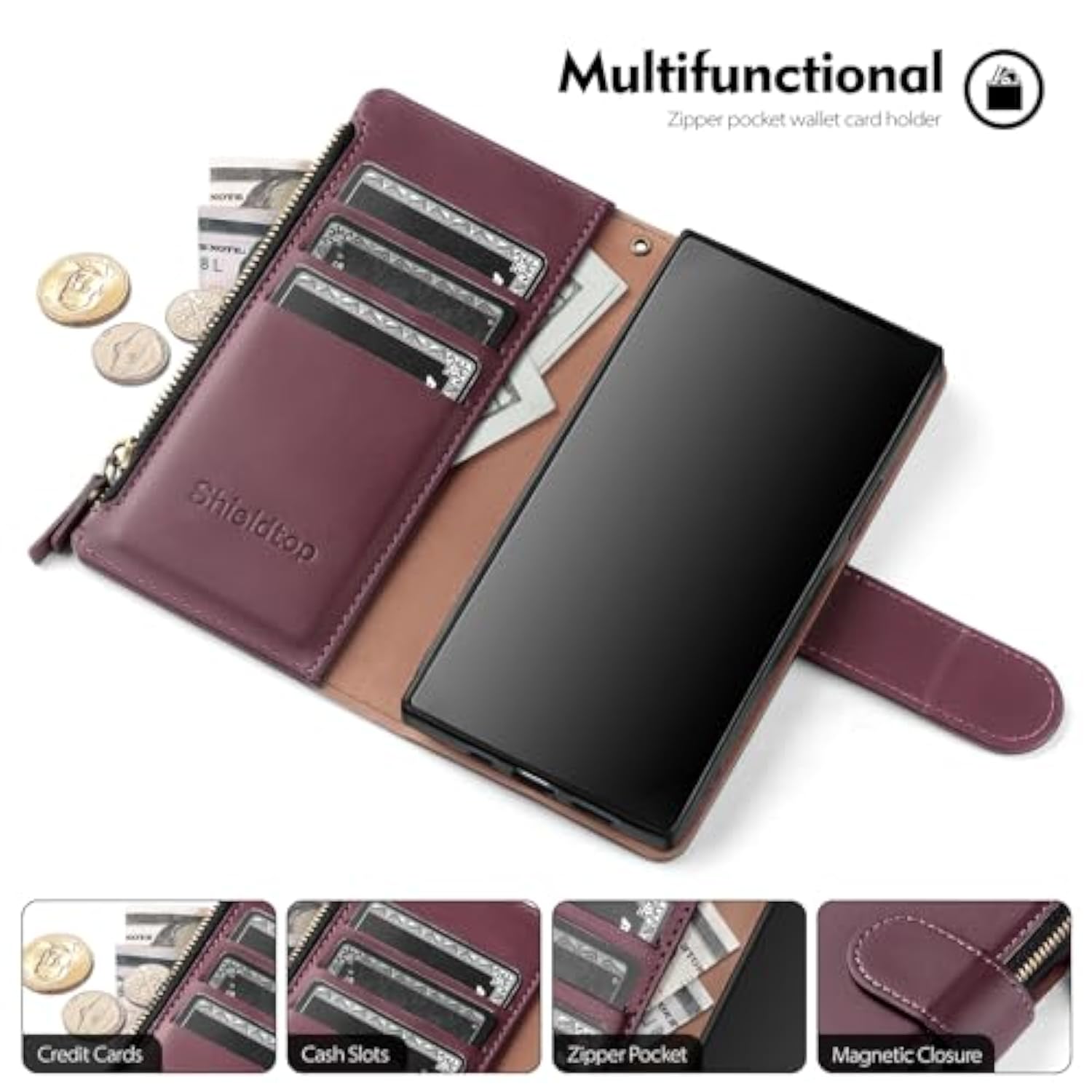 Compatible With Samsung Galaxy S25 Plus Wallet Case With Card Holder,Women Men Rfid Blocking Pu Leather Flip Cover Wrist Strap Zipper Credit Card Slots,Phone Case For S25 Plus,Wine Red