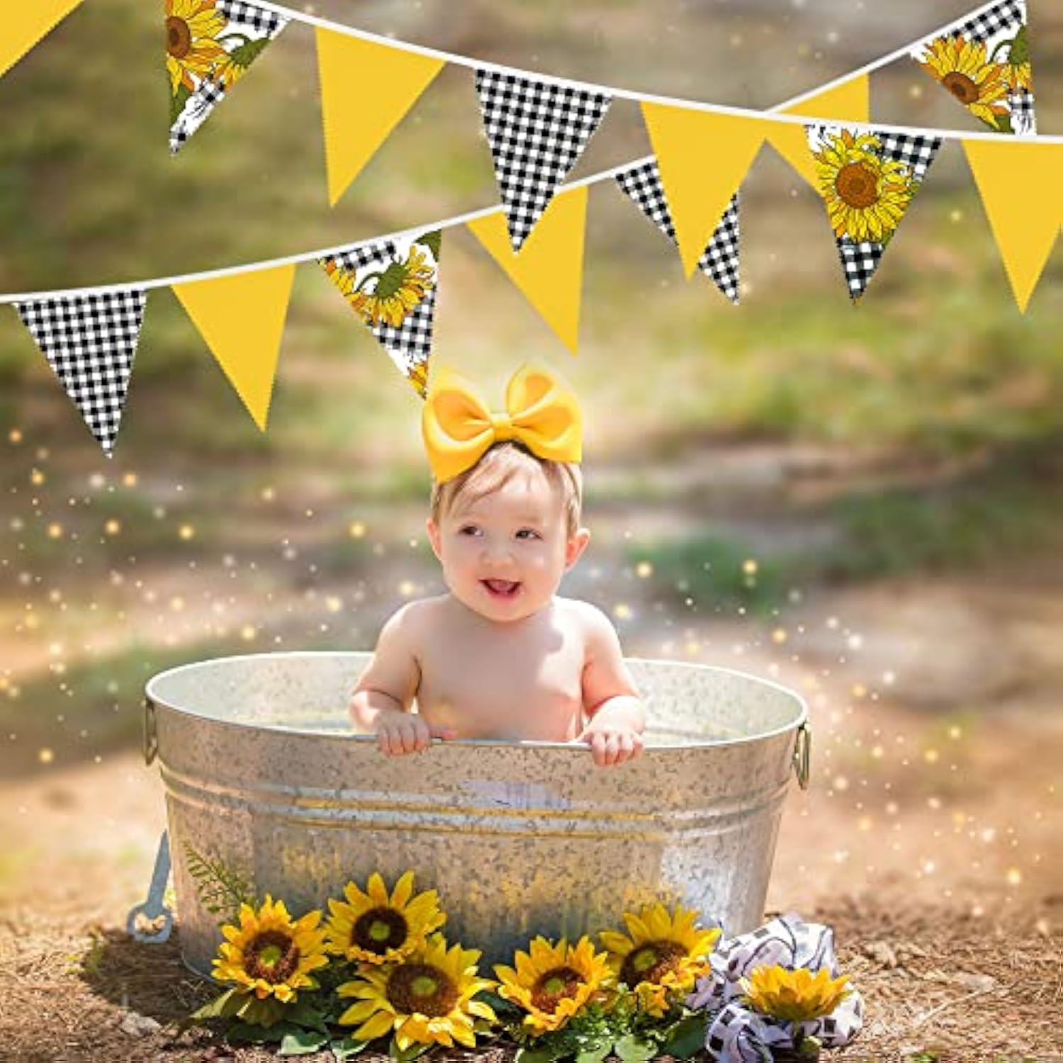 32Ft Yellow And Black Plaid Sunflower Pennant Banner Fabric Triangle F