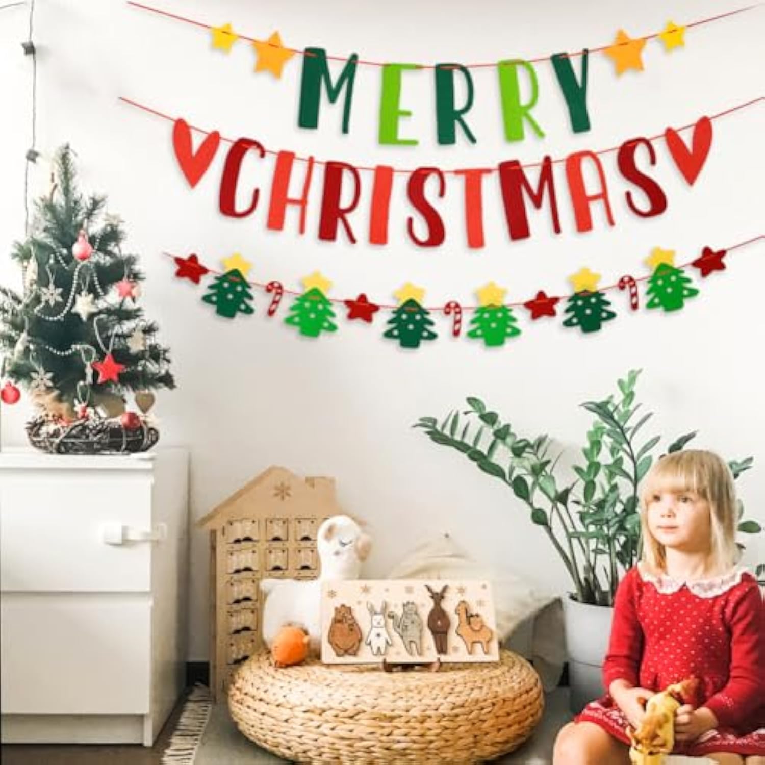 Merry Christmas Felt Banner, Christmas Tree, Candy Cane, Star Xmas Garland, Red And Green Felt String For Holiday Christmas Party Decorations, Home Wall Fireplace Windows Indoor Outdoor Decor