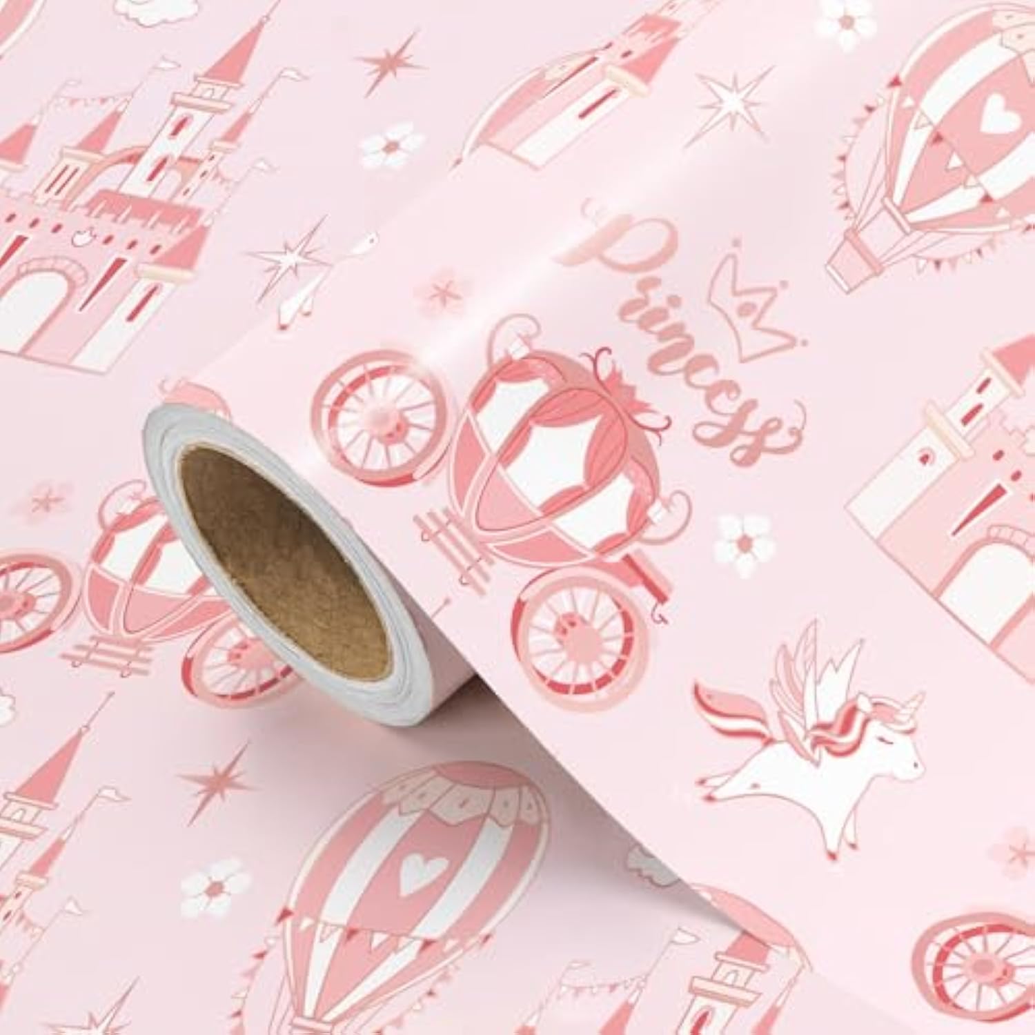 Princess Wrapping Paper - Mini Roll - 17 Inch X 16.5 Feet - Carriage Castle Pink Wrapping Paper Perfect For Kids Girls Birthday, Baby Shower