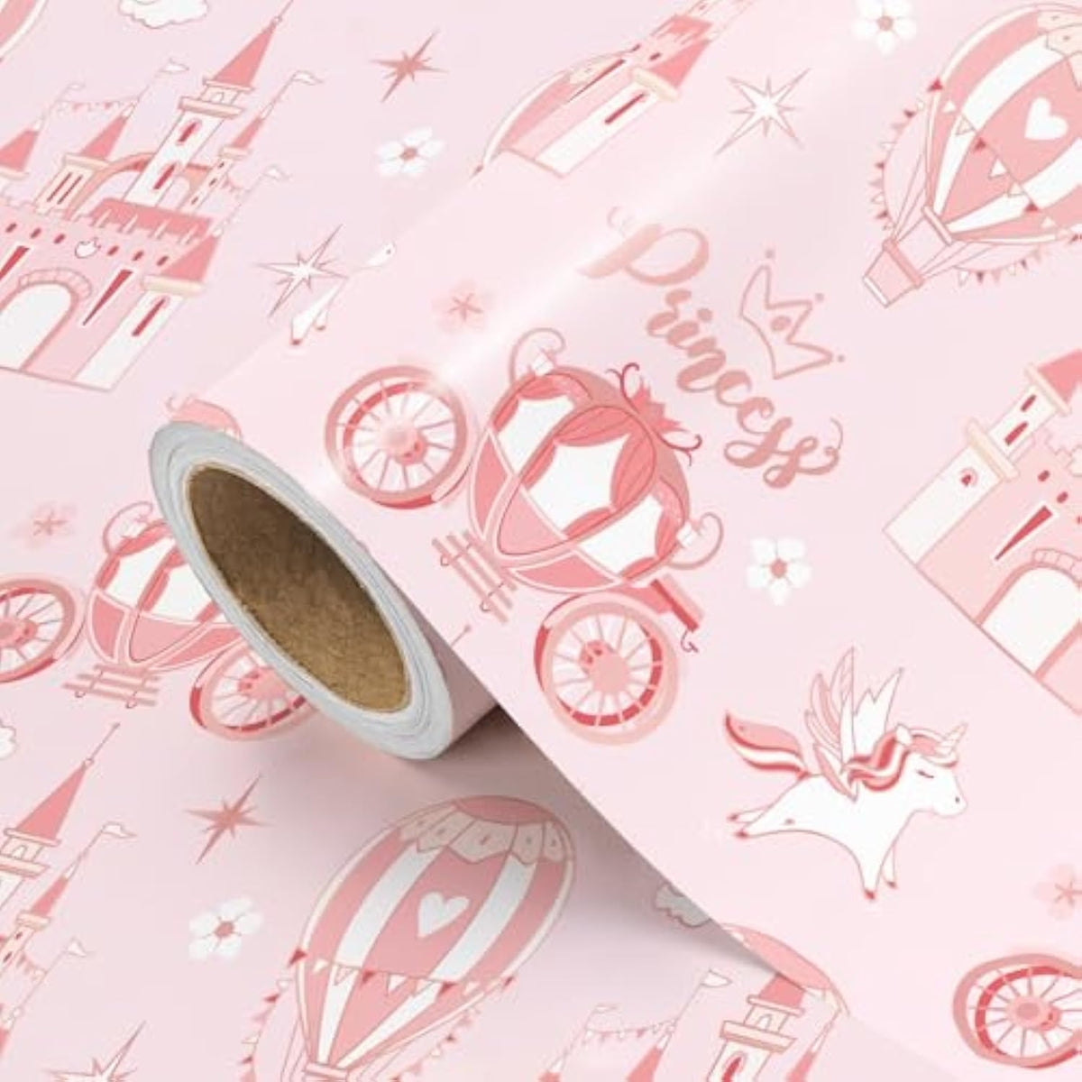 Princess Wrapping Paper - Mini Roll - 17 Inch X 16.5 Feet - Carriage Castle Pink Wrapping Paper Perfect For Kids Girls Birthday, Baby Shower