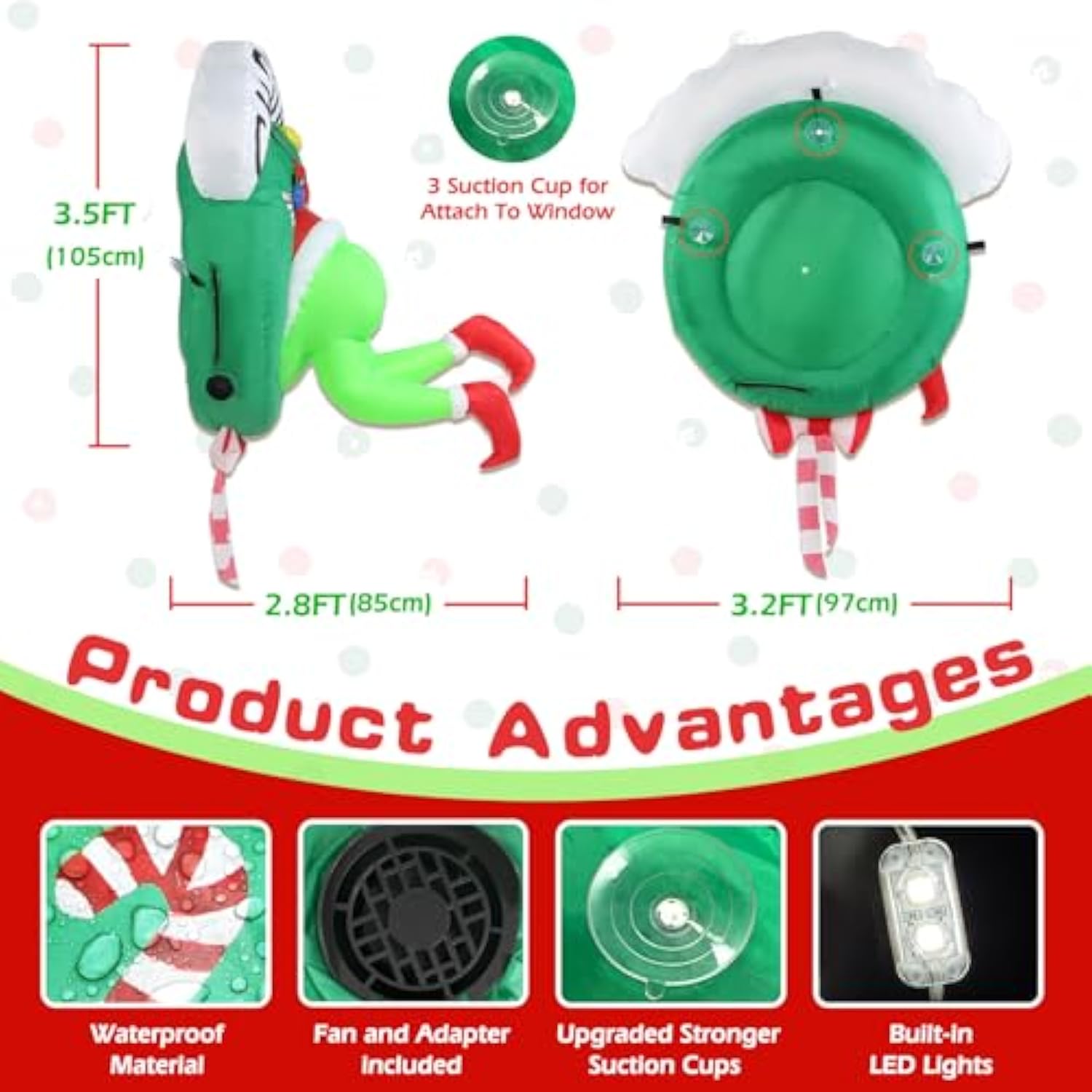 3.5Ft Christmas Inflatable Outdoor Decoration Green Ugly Monster Wreath Christmas Window Inflatable With Built-In Led Li