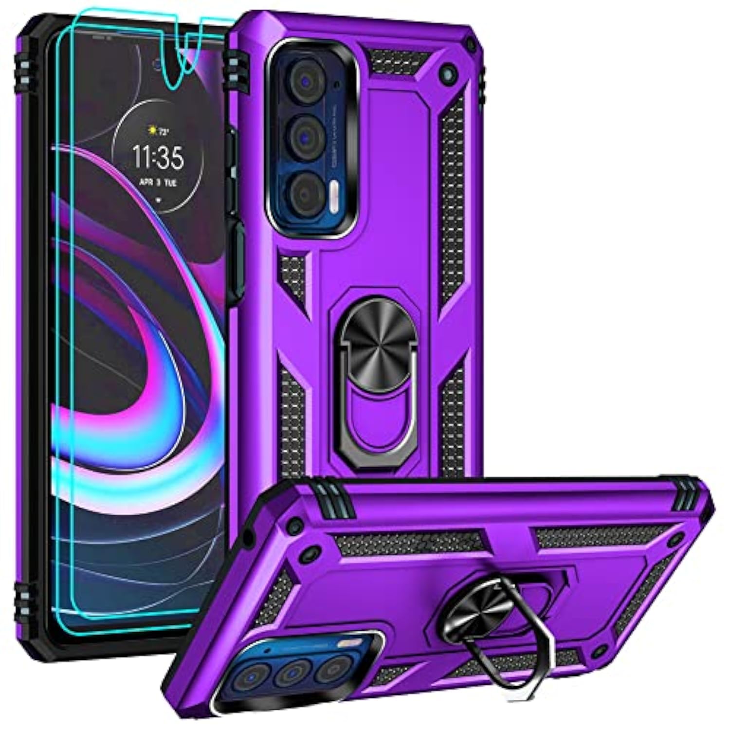 Compatible With Motorola Moto Edge 2021 Case, Moto Edge 5G Uw Case With Hd Screen Protectors, Military-Grade Metal Ring Kickstand 15Ft Drop Tested Shockproof Cover, Purple