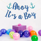 Ahoy It'S A Boy Banner, Sailor Themed Party Decor, Baby Shower Gender Reveal, Nautical Party Decorations (Blue Glitter)