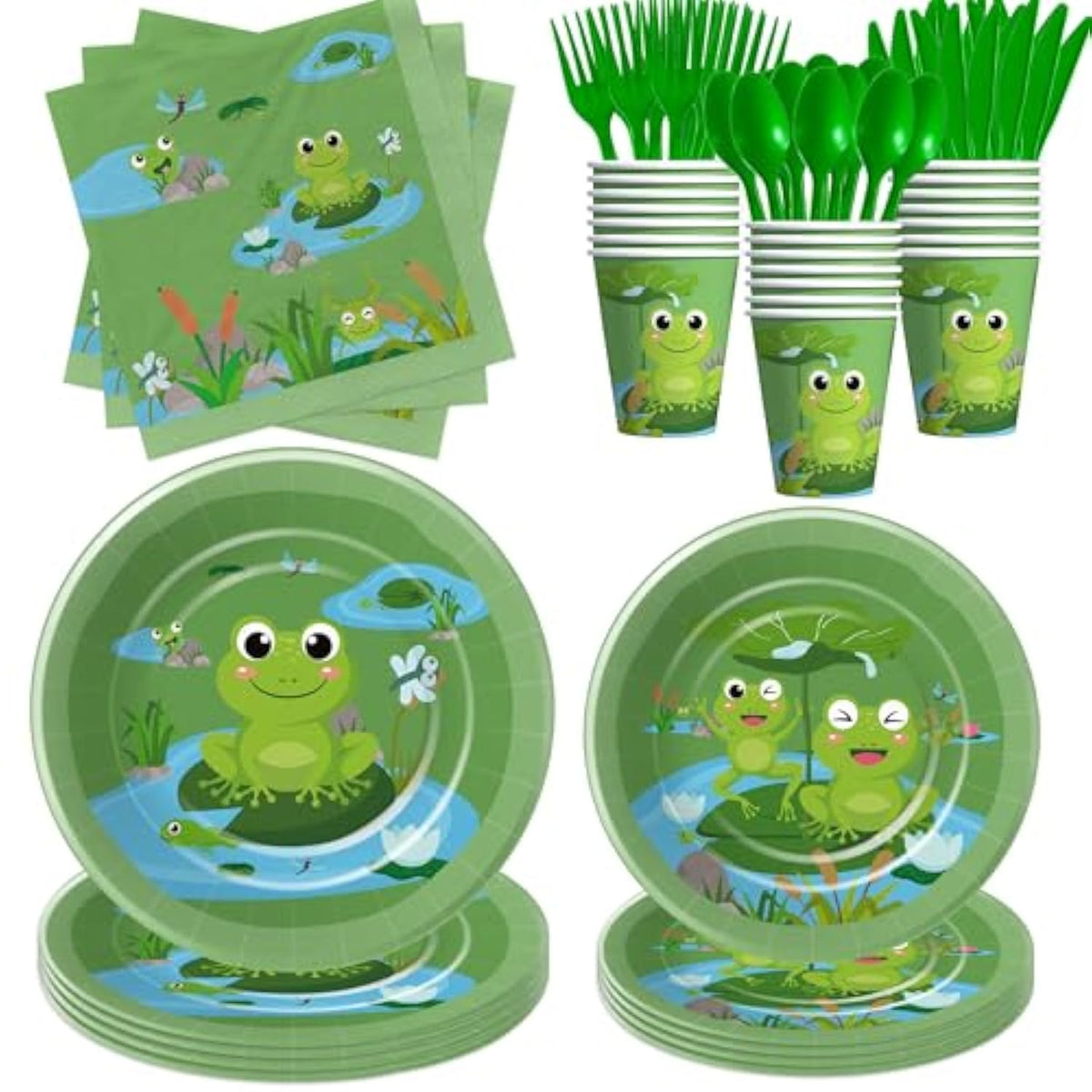 Frog Birthday Decorations Tableware - Green Frog Theme Baby Shower Birthday Party Supplies Decor, Paper Plate, Cup, Napkin, Disposable Cutlery, Serves 24