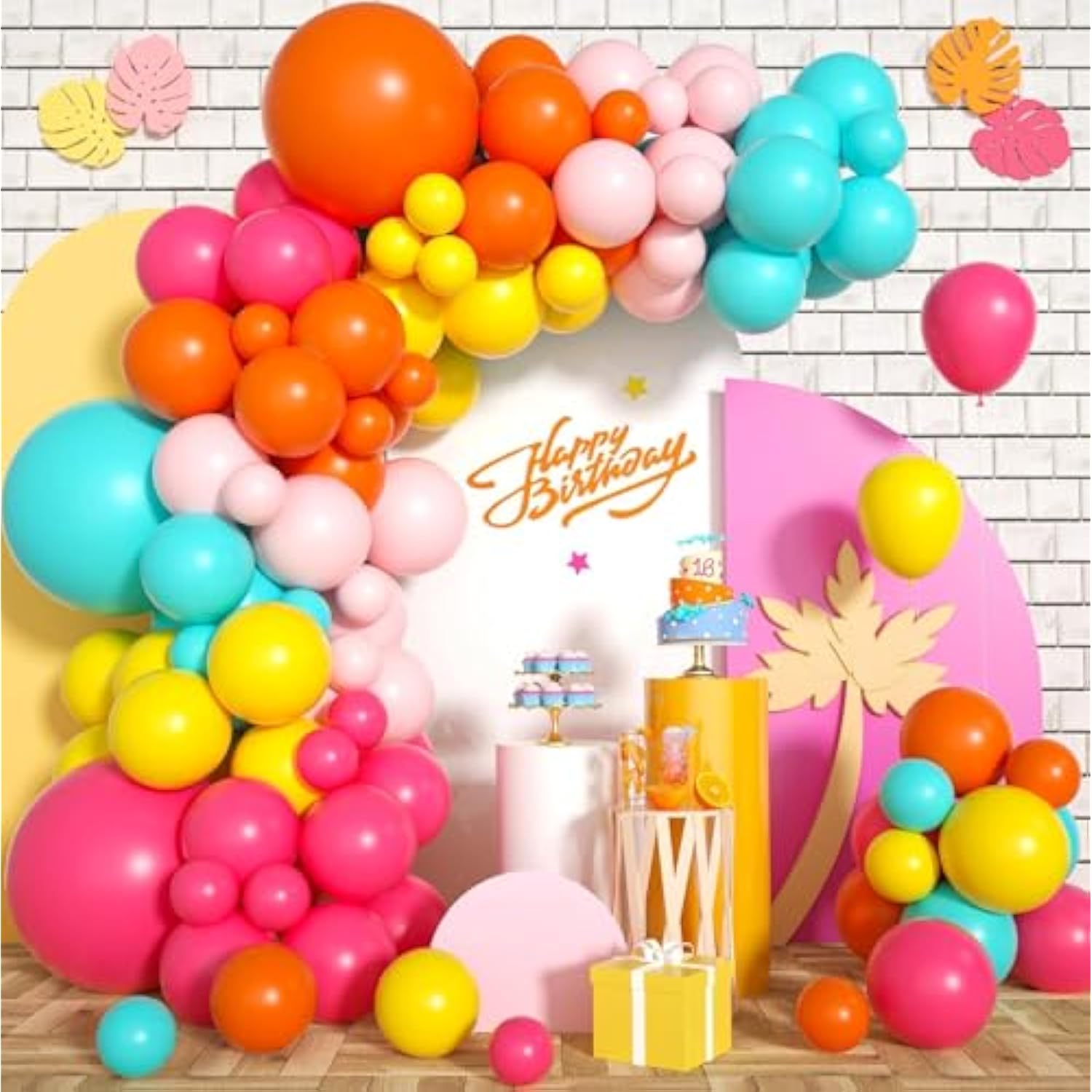 Pink Yellow Orange Balloon Garland, 131Pcs And Arch With Rose Red Blue Latex Balloons, Balloons For Girls Birthday, Tropical Fiesta Party Decorations
