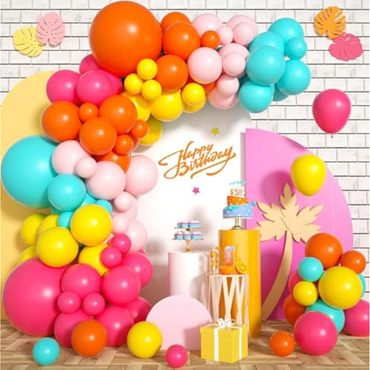 Pink Yellow Orange Balloon Garland, 131Pcs And Arch With Rose Red Blue Latex Balloons, Balloons For Girls Birthday, Tropical Fiesta Party Decorations